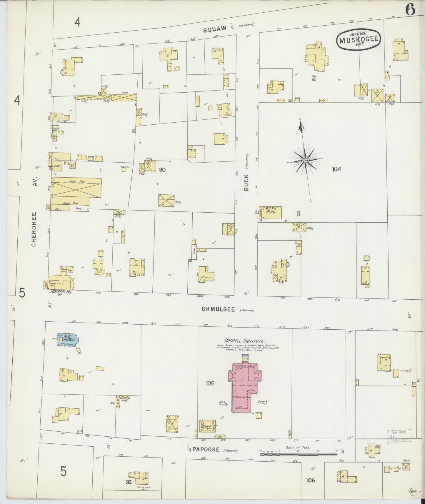 Sanborn Fire Insurance Map from Muskogee, Muskogee County, Oklahoma (1896), Sheet #0006 - Historic Sanborn Fire Insurance Map Print, vintage old map wall art, antique decor, genealogy gift, Oklahoma Oklahoma map