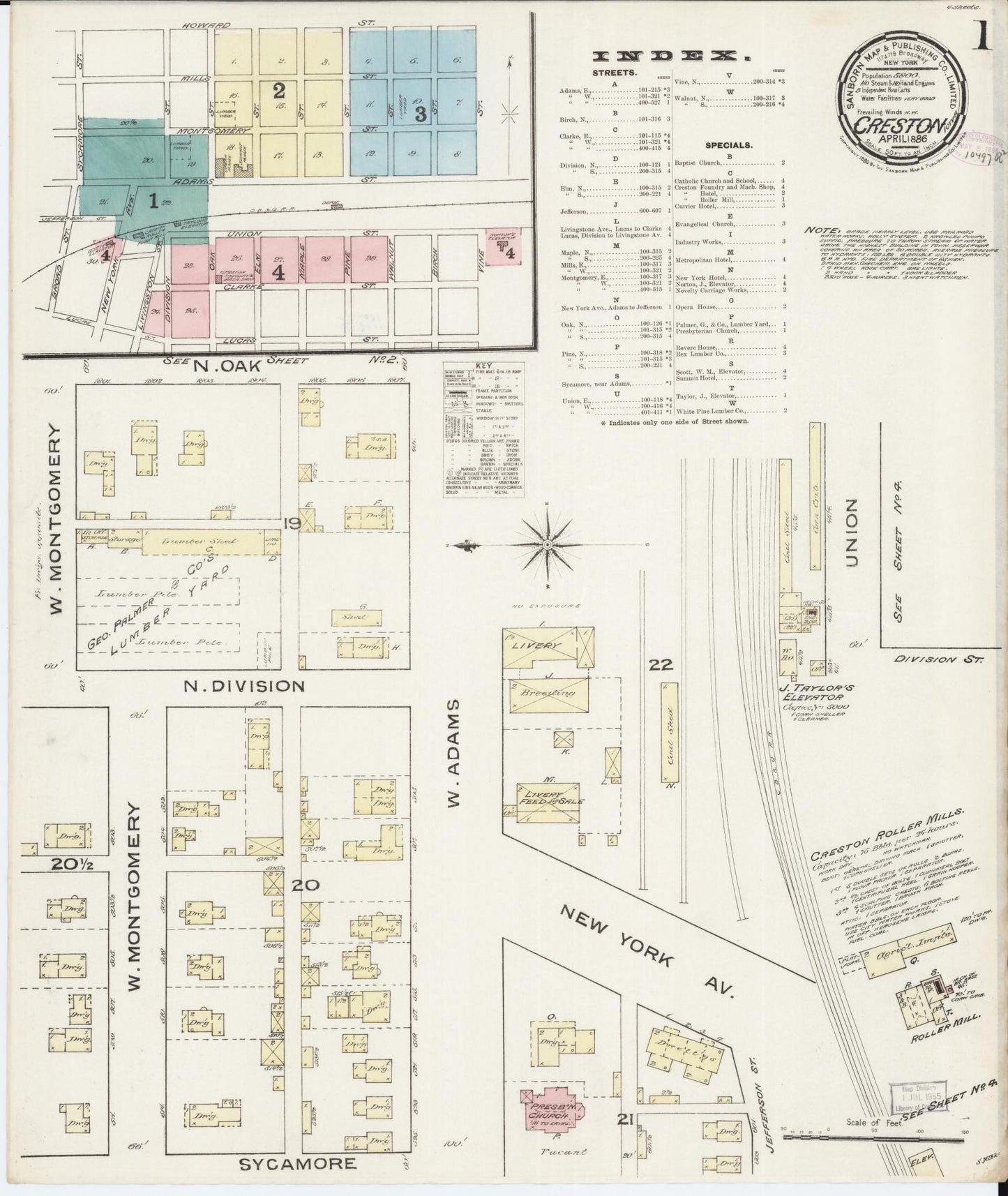 Sanborn Fire Insurance Map from Creston, Union County, Iowa (1886), Sheet #0001 - Historic Sanborn Fire Insurance Map Print, vintage old map wall art