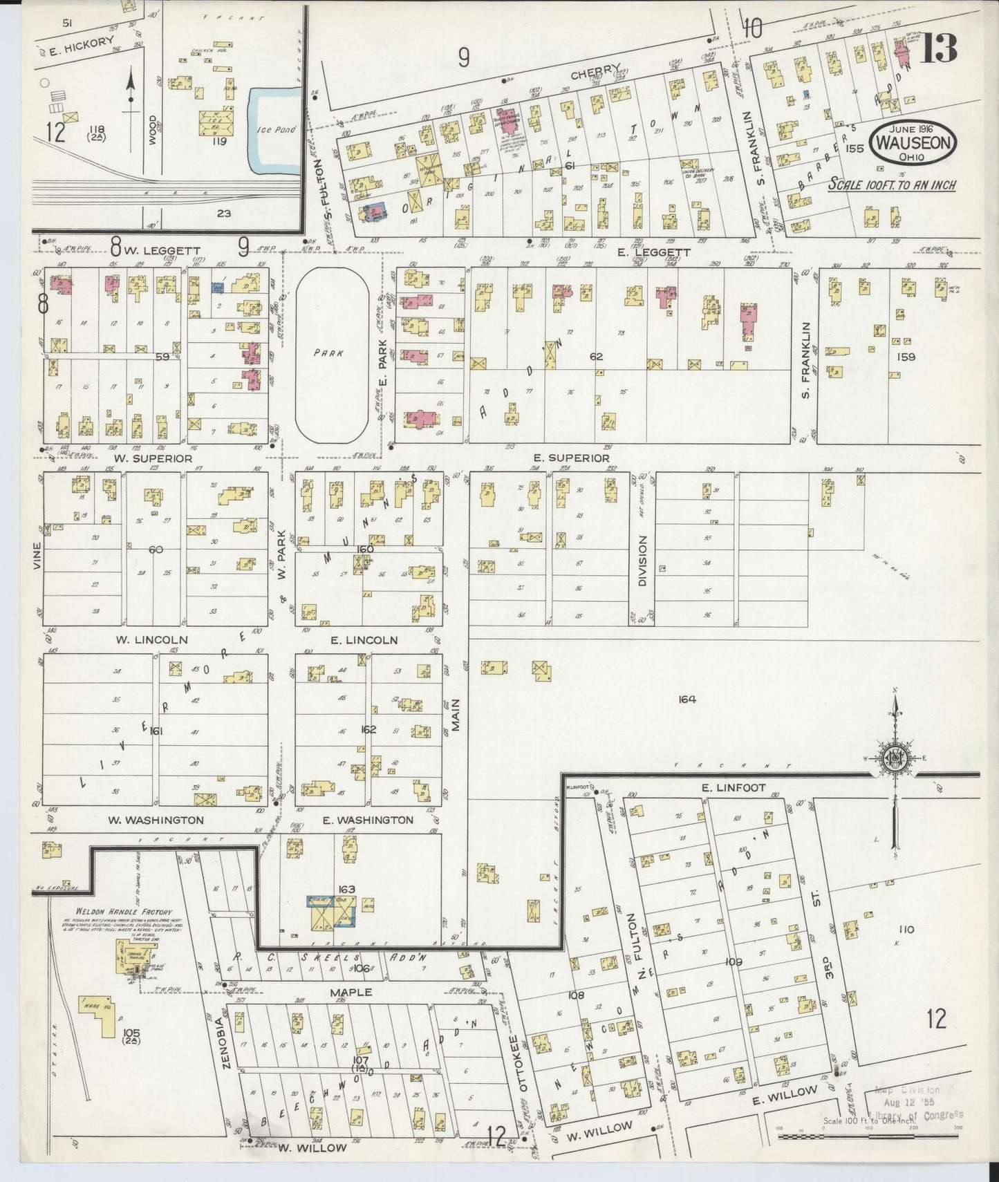 Sanborn Fire Insurance Map from Wauseon, Fulton County, Ohio (1916), Sheet #0013 - Complete Map Set gallery image, historic Sanborn map, vintage wall art, Ohio Ohio