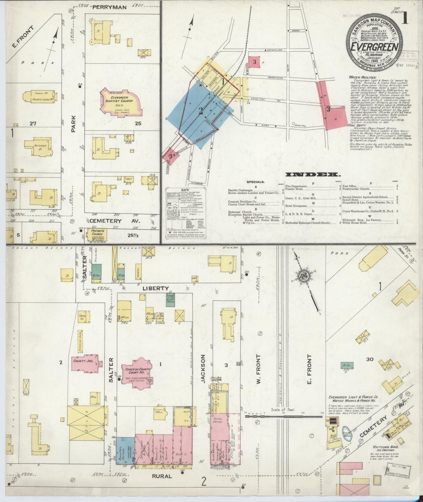 Sanborn Fire Insurance Map from Evergreen, Conecuh County, Alabama (1910), Sheet #0001 - Historic Sanborn Fire Insurance Map Print, vintage old map wall art, antique decor, genealogy gift, Alabama Alabama map