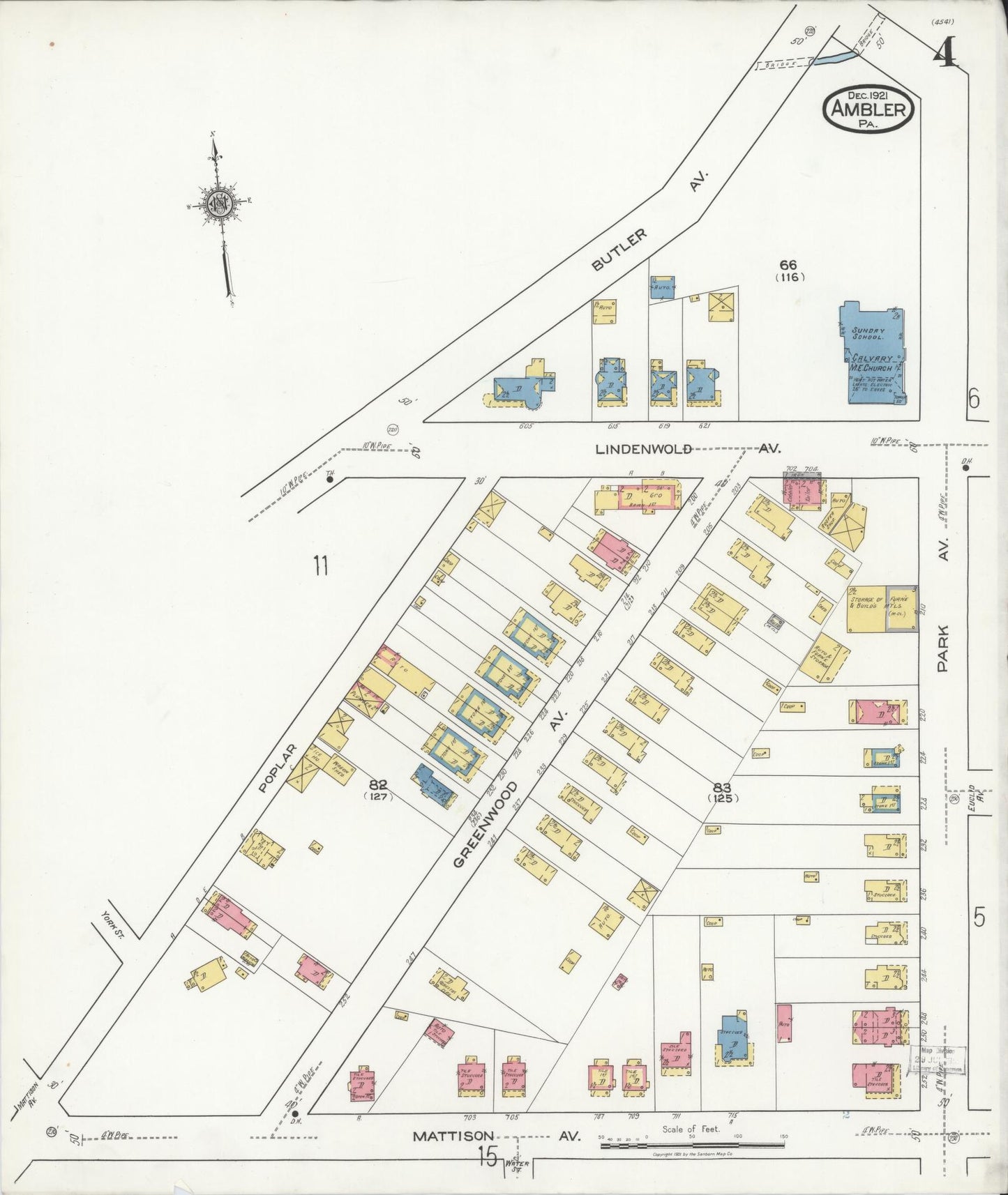 Sanborn Fire Insurance Map from Ambler, Montgomery County, Pennsylvania (1921), Sheet #0004 - Historic Sanborn Fire Insurance Map Print, vintage old map wall art, antique decor, genealogy gift, Pennsylvania Pennsylvania map