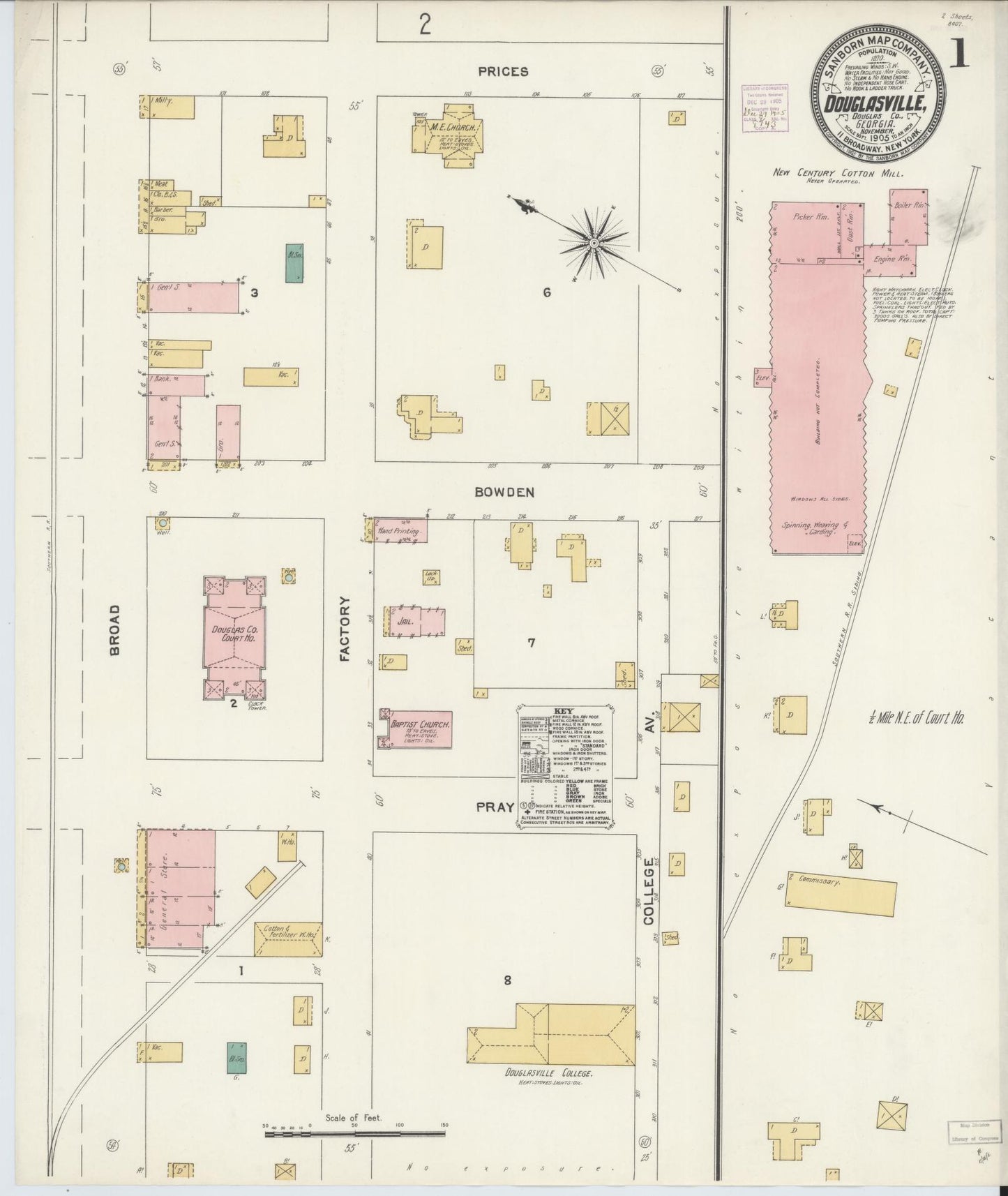 Sanborn Fire Insurance Map from Douglasville, Douglas County, Georgia (1905), Sheet #0001 - Historic Sanborn Fire Insurance Map Print, vintage old map wall art, antique decor, genealogy gift, Georgia Georgia map
