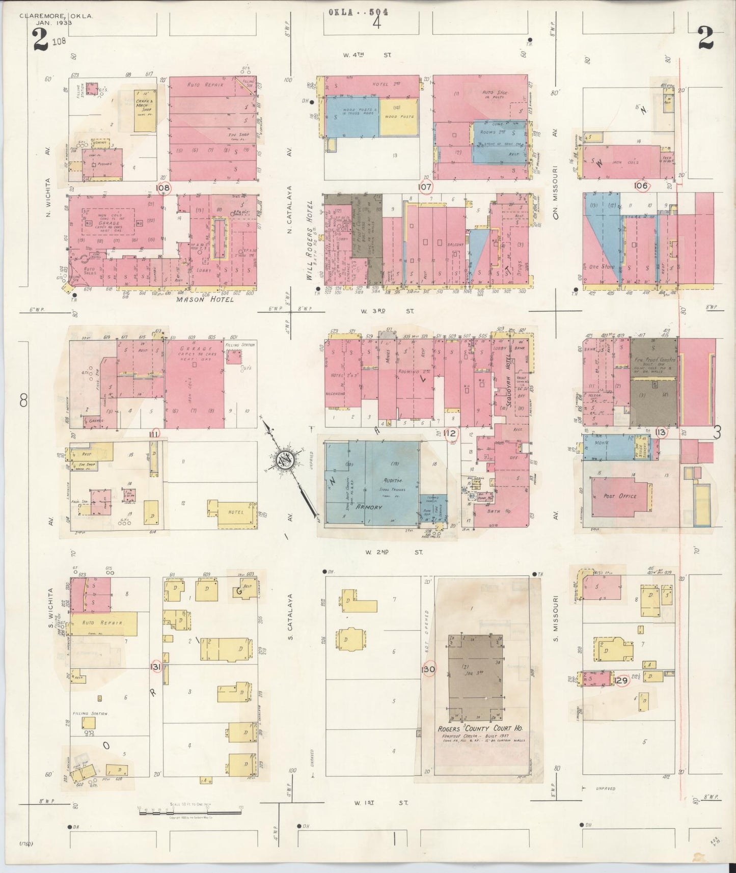 Sanborn Fire Insurance Map from Claremore, Rogers County, Oklahoma (1940), Sheet #0002 - Historic Sanborn Fire Insurance Map Print, vintage old map wall art, antique decor, genealogy gift, Oklahoma Oklahoma map