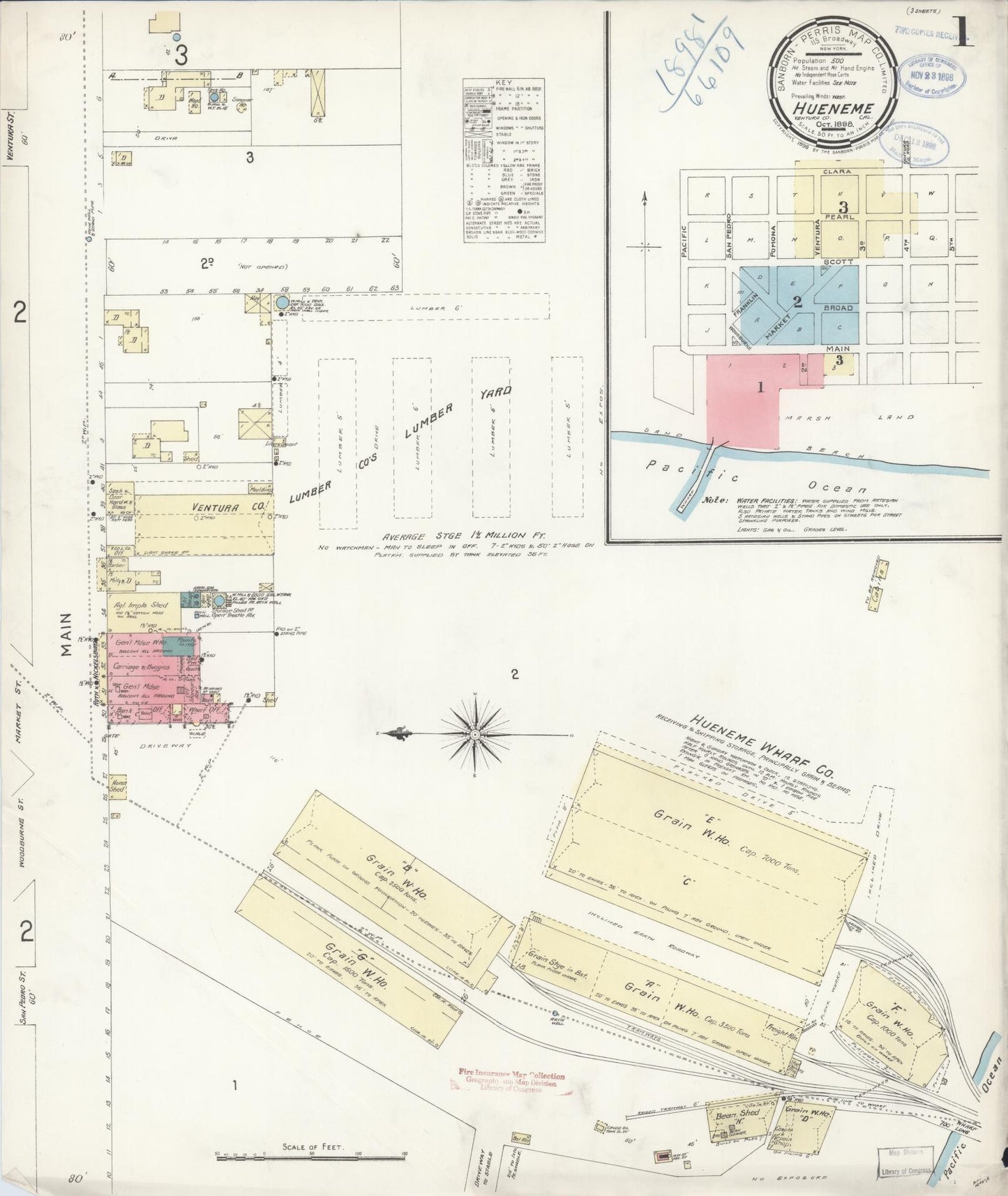 Sanborn Fire Insurance Map from Hueneme, Ventura County, California (1898), Sheet #0001 - Historic Sanborn Fire Insurance Map Print, vintage old map wall art, antique decor, genealogy gift, California California map
