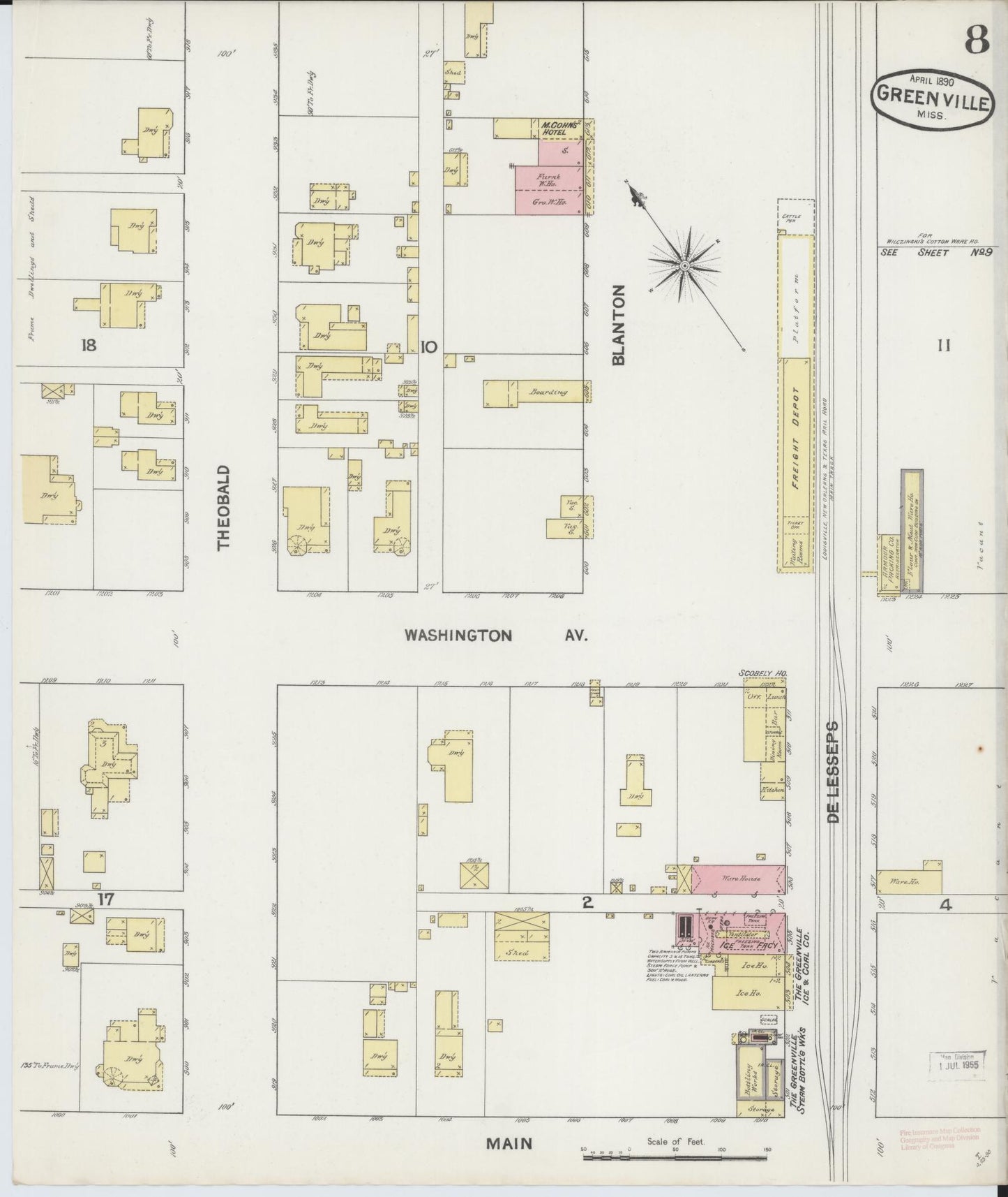 Sanborn Fire Insurance Map from Greenville, Washington County, Mississippi (1890), Sheet #0008 - Historic Sanborn Fire Insurance Map Print, vintage old map wall art, antique decor, genealogy gift, Mississippi Mississippi map