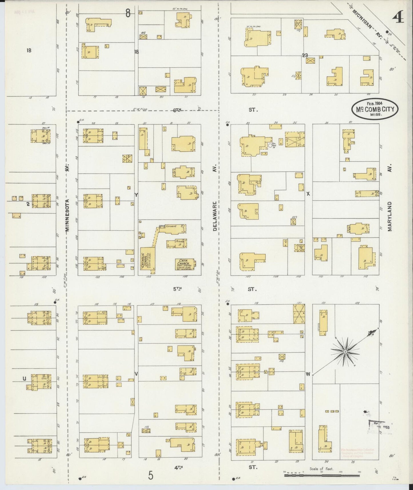 Sanborn Fire Insurance Map from McComb, Pike County, Mississippi (1904), Sheet #0004 - Historic Sanborn Fire Insurance Map Print, vintage old map wall art, antique decor, genealogy gift, Mississippi Mississippi map