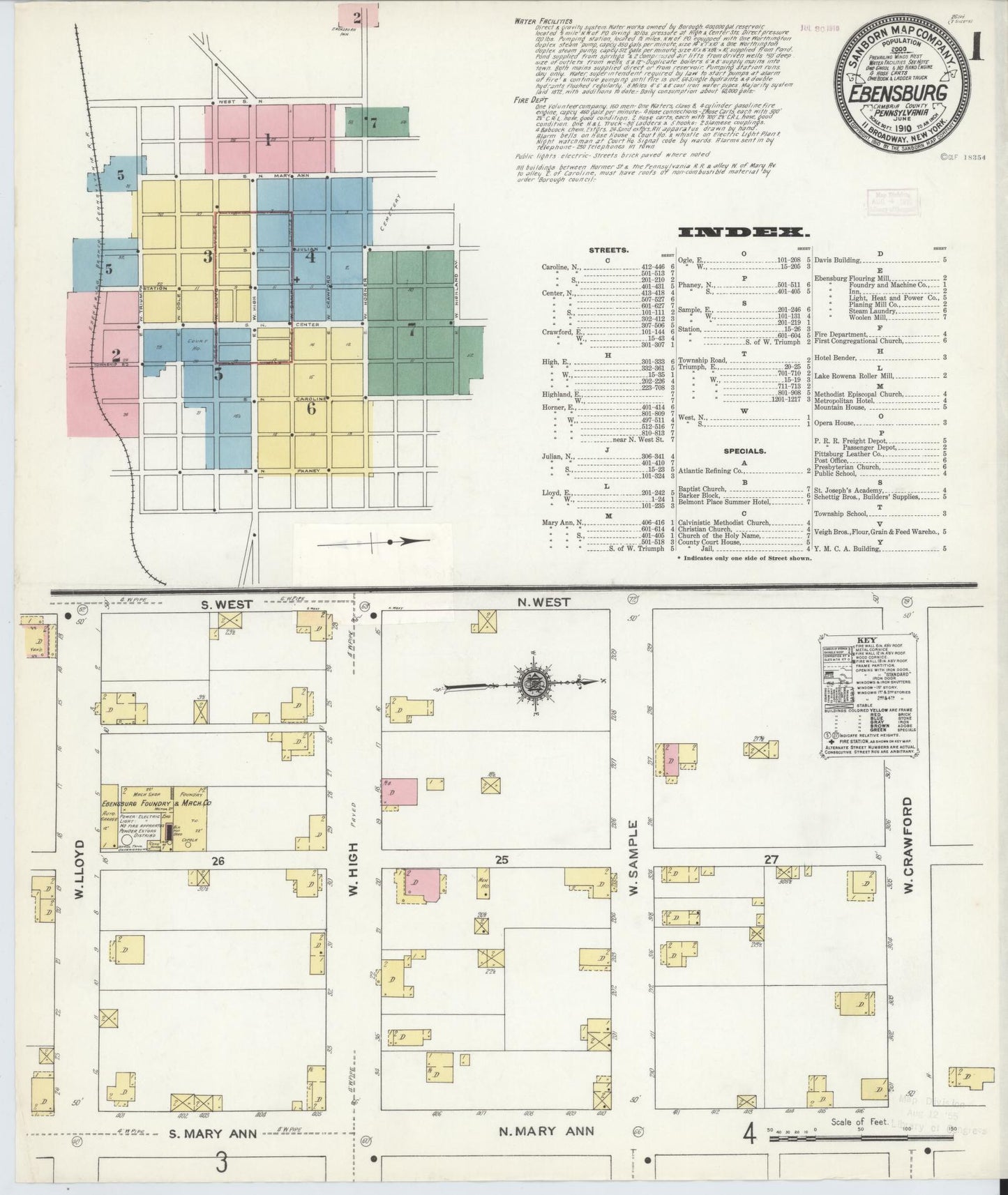 Sanborn Fire Insurance Map from Ebensburg, Cambria County, Pennsylvania (1910), Sheet #0001 - Historic Sanborn Fire Insurance Map Print, vintage old map wall art, antique decor, genealogy gift, Pennsylvania Pennsylvania map