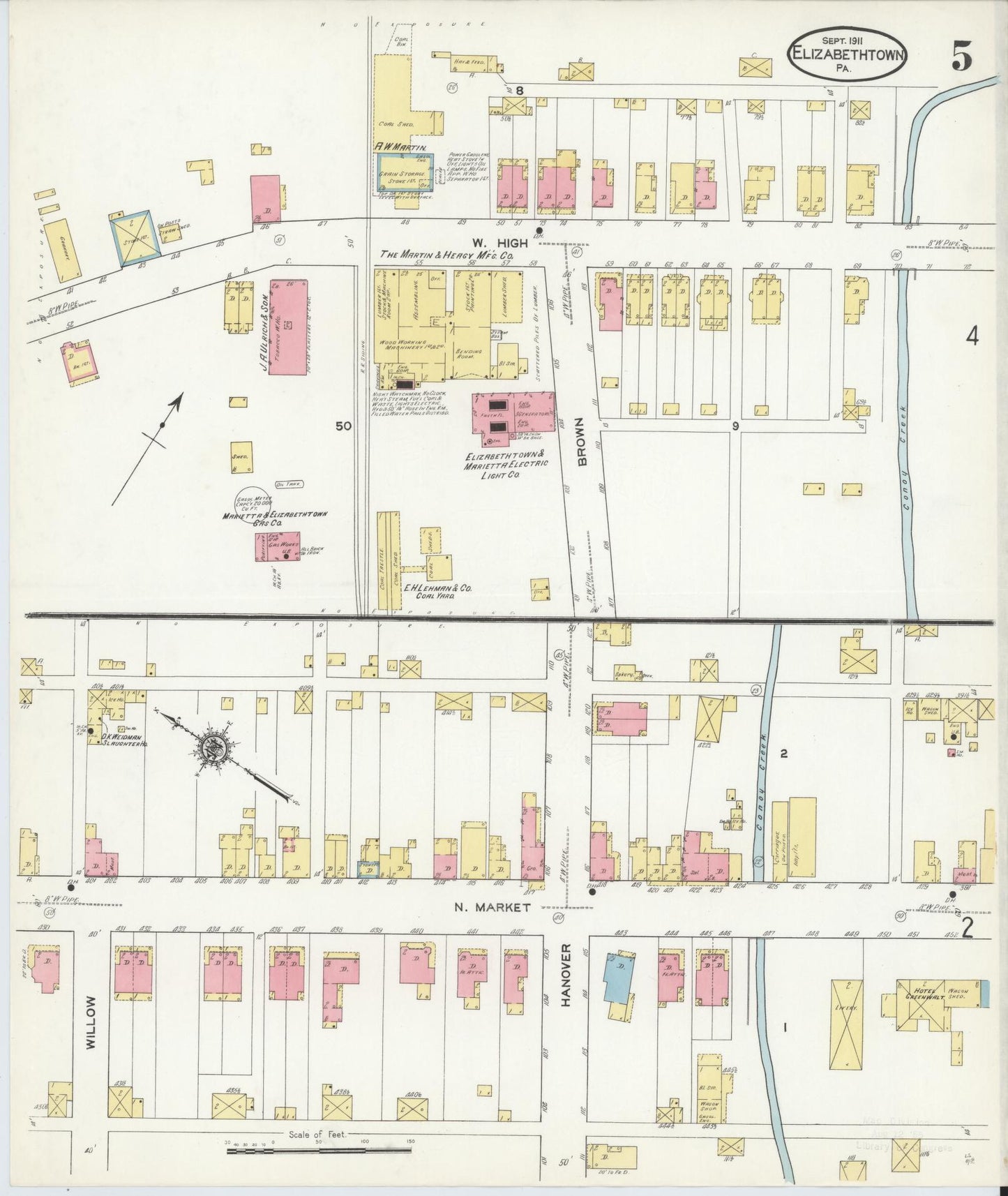 Sanborn Fire Insurance Map from Elizabethtown, Lancaster County, Pennsylvania (1911), Sheet #0005 - Historic Sanborn Fire Insurance Map Print, vintage old map wall art, antique decor, genealogy gift, Pennsylvania Pennsylvania map