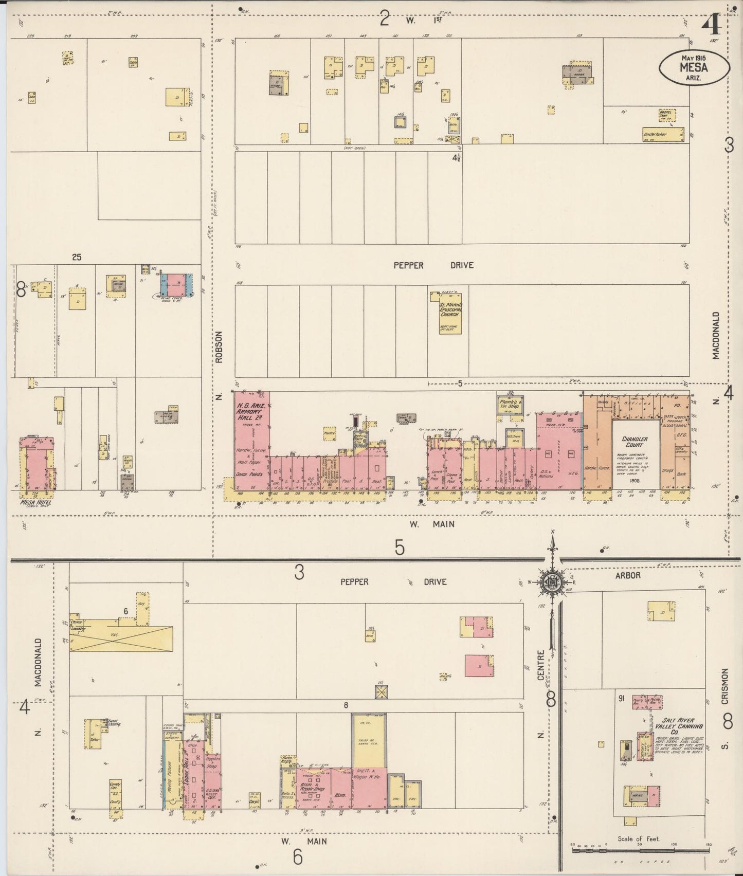 Sanborn Fire Insurance Map from Mesa, Maricopa County, Arizona (1915), Sheet #0004 - Historic Sanborn Fire Insurance Map Print, vintage old map wall art, antique decor, genealogy gift, Arizona Arizona map