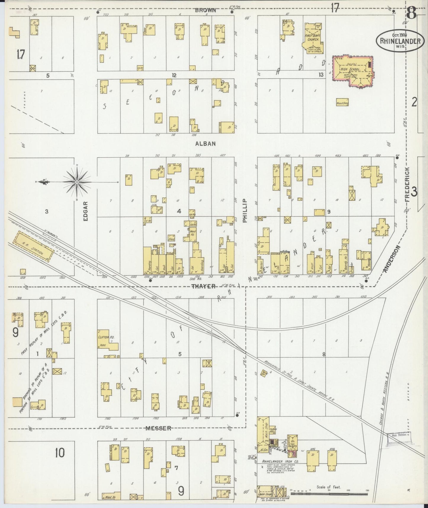 Sanborn Fire Insurance Map from Rhinelander, Oneida County, Wisconsin (1900), Sheet #0008 - Historic Sanborn Fire Insurance Map Print, vintage old map wall art, antique decor, genealogy gift, Wisconsin Wisconsin map