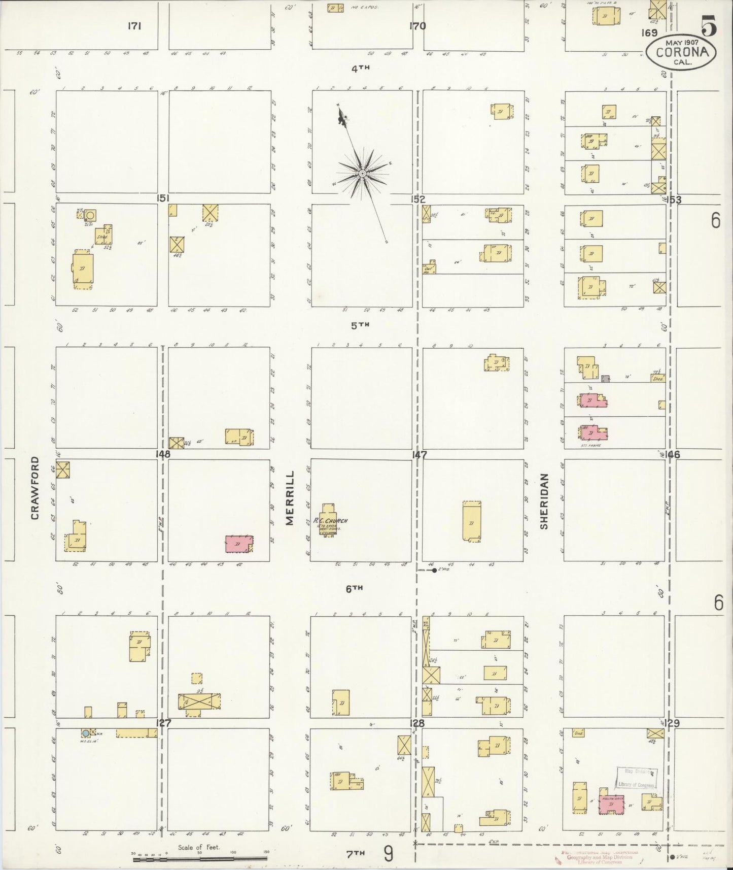 Sanborn Fire Insurance Map from Corona, Riverside County, California (1907), Sheet #0005 - Historic Sanborn Fire Insurance Map Print, vintage old map wall art, antique decor, genealogy gift, California California map