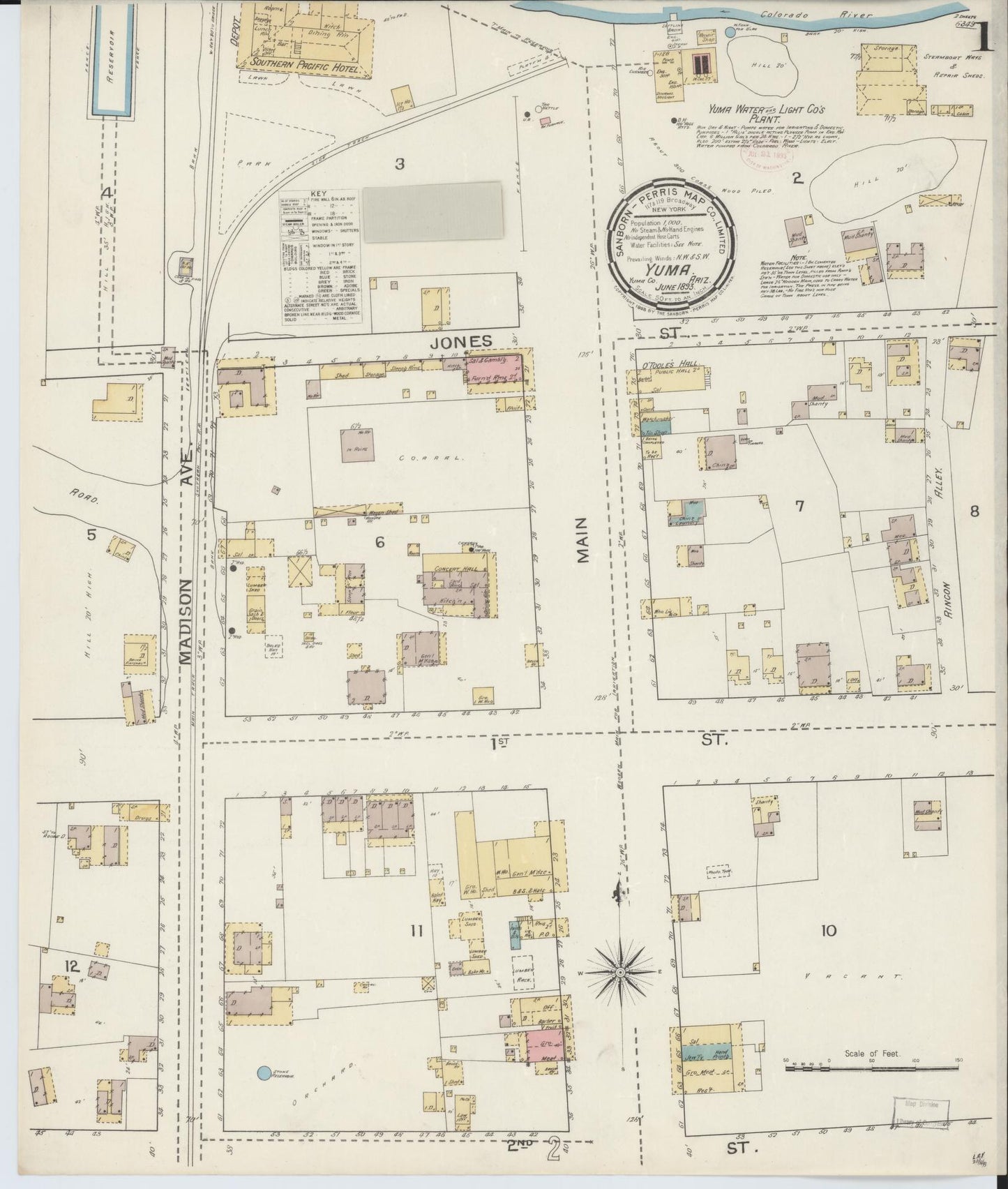 Sanborn Fire Insurance Map from Yuma, Yuma County, Arizona (1893), Sheet #0001 - Historic Sanborn Fire Insurance Map Print, vintage old map wall art, antique decor, genealogy gift, Arizona Arizona map