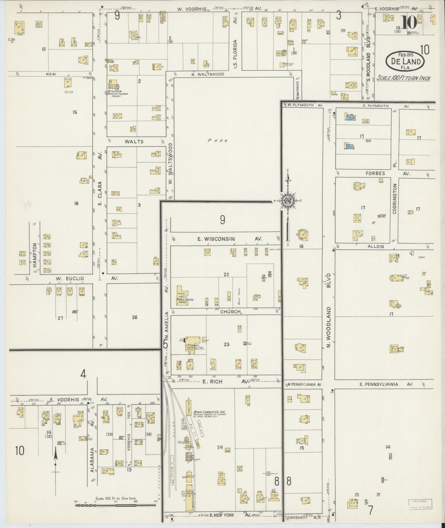 Sanborn Fire Insurance Map from De Land, Volusia County, Florida (1915), Sheet #0010 - Historic Sanborn Fire Insurance Map Print, vintage old map wall art, antique decor, genealogy gift, Florida Florida map