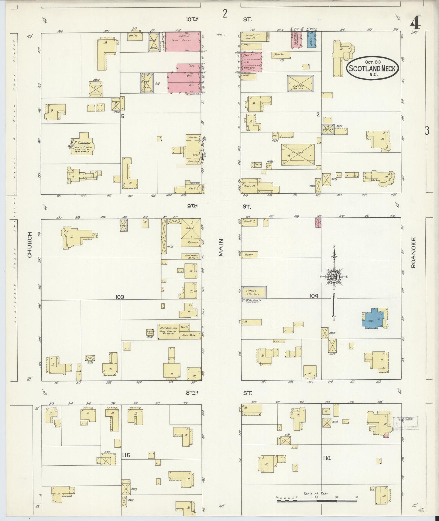 Sanborn Fire Insurance Map from Scotland Neck, Halifax County, North Carolina (1913), Sheet #0004 - Historic Sanborn Fire Insurance Map Print, vintage old map wall art, antique decor, genealogy gift, North Carolina North Carolina map