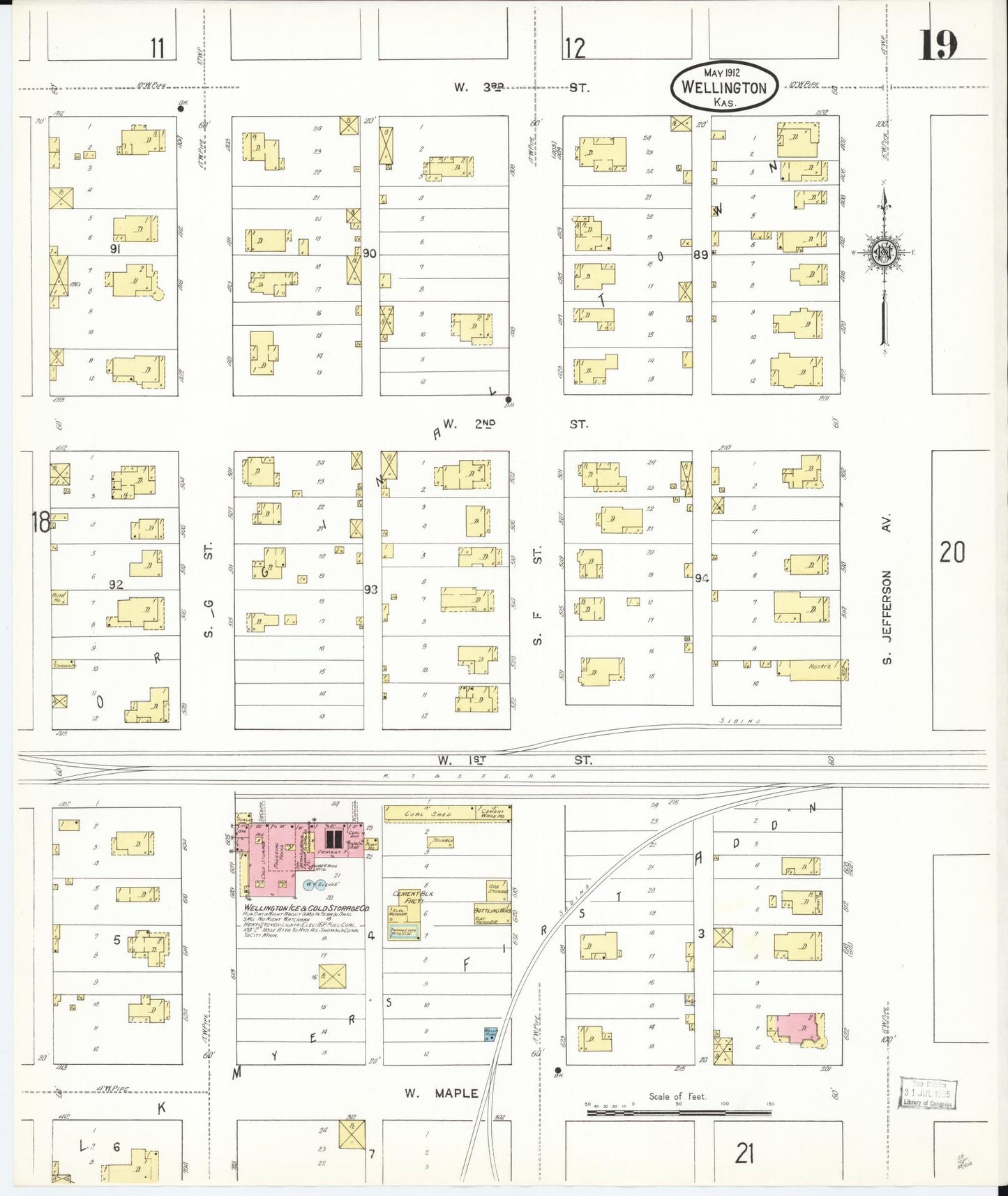 Sanborn Fire Insurance Map from Wellington, Sumner County, Kansas (1912), Sheet #0019 - Historic Sanborn Fire Insurance Map Print, vintage old map wall art, antique decor, genealogy gift, Kansas Kansas map