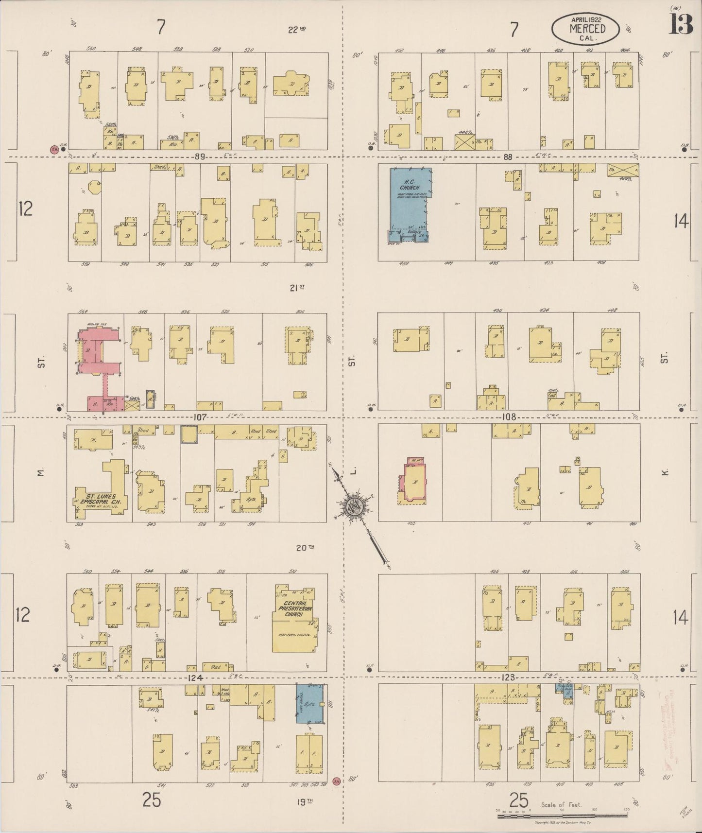 Sanborn Fire Insurance Map from Merced, Merced County, California (1922), Sheet #0013 - Historic Sanborn Fire Insurance Map Print, vintage old map wall art, antique decor, genealogy gift, California California map