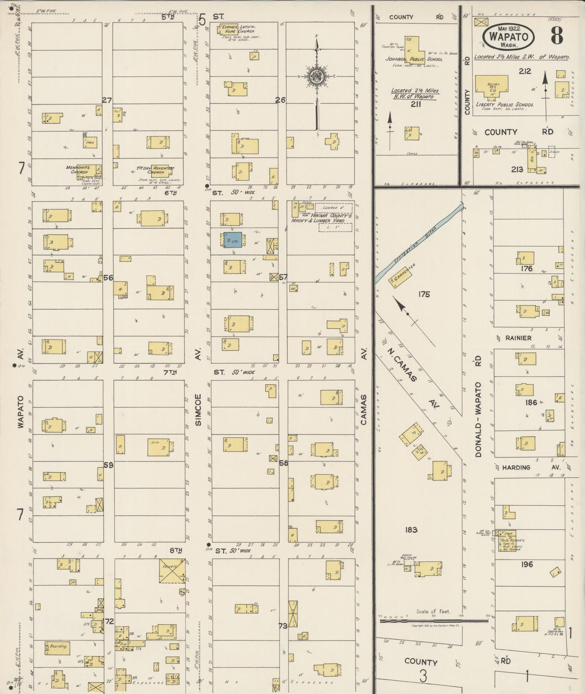 Sanborn Fire Insurance Map from Wapato, Yakima County, Washington (1922), Sheet #0008 - Historic Sanborn Fire Insurance Map Print, vintage old map wall art, antique decor, genealogy gift, Washington Washington map