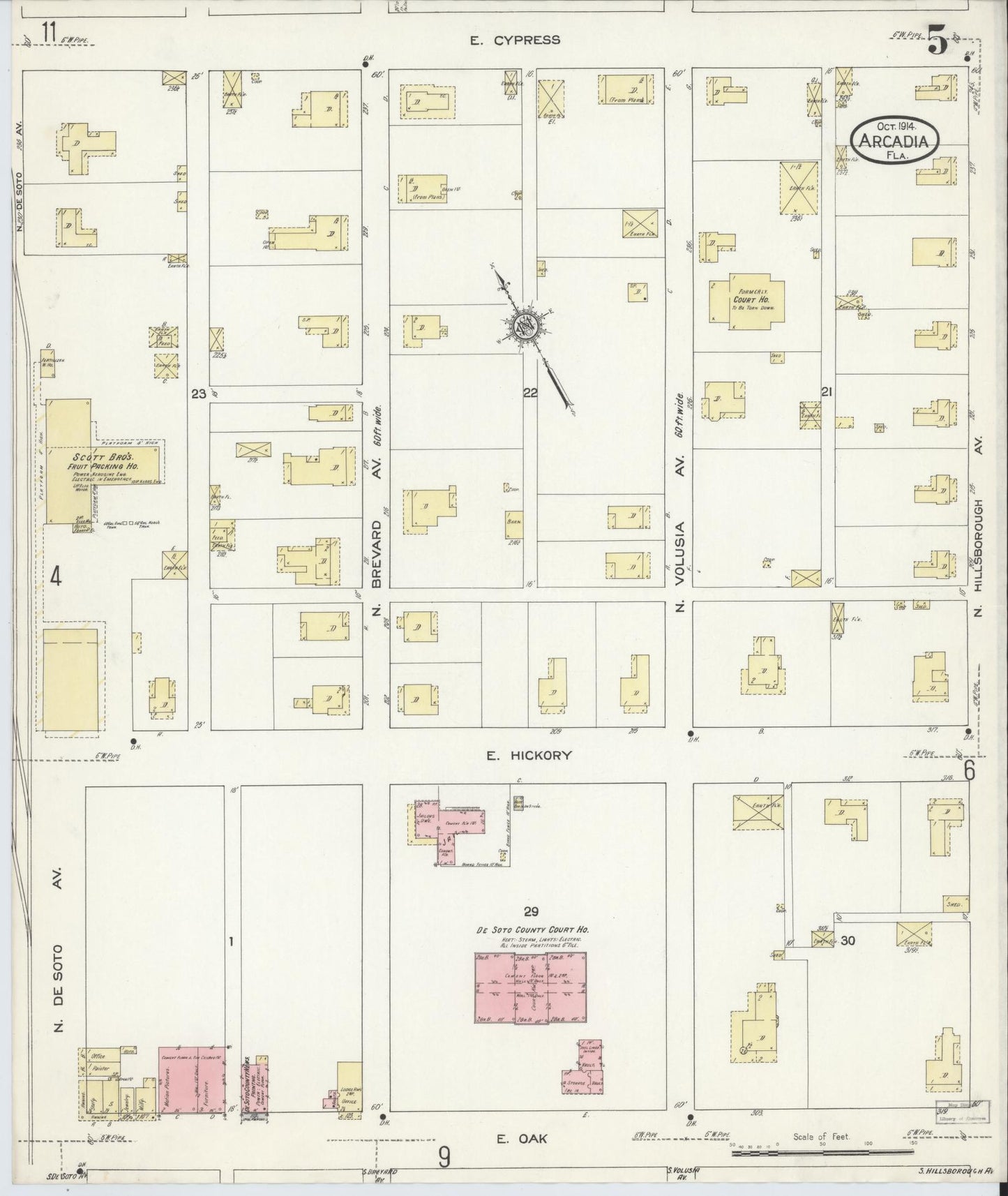 Sanborn Fire Insurance Map from Arcadia, DeSoto County, Florida (1914), Sheet #0005 - Historic Sanborn Fire Insurance Map Print, vintage old map wall art, antique decor, genealogy gift, Florida Florida map