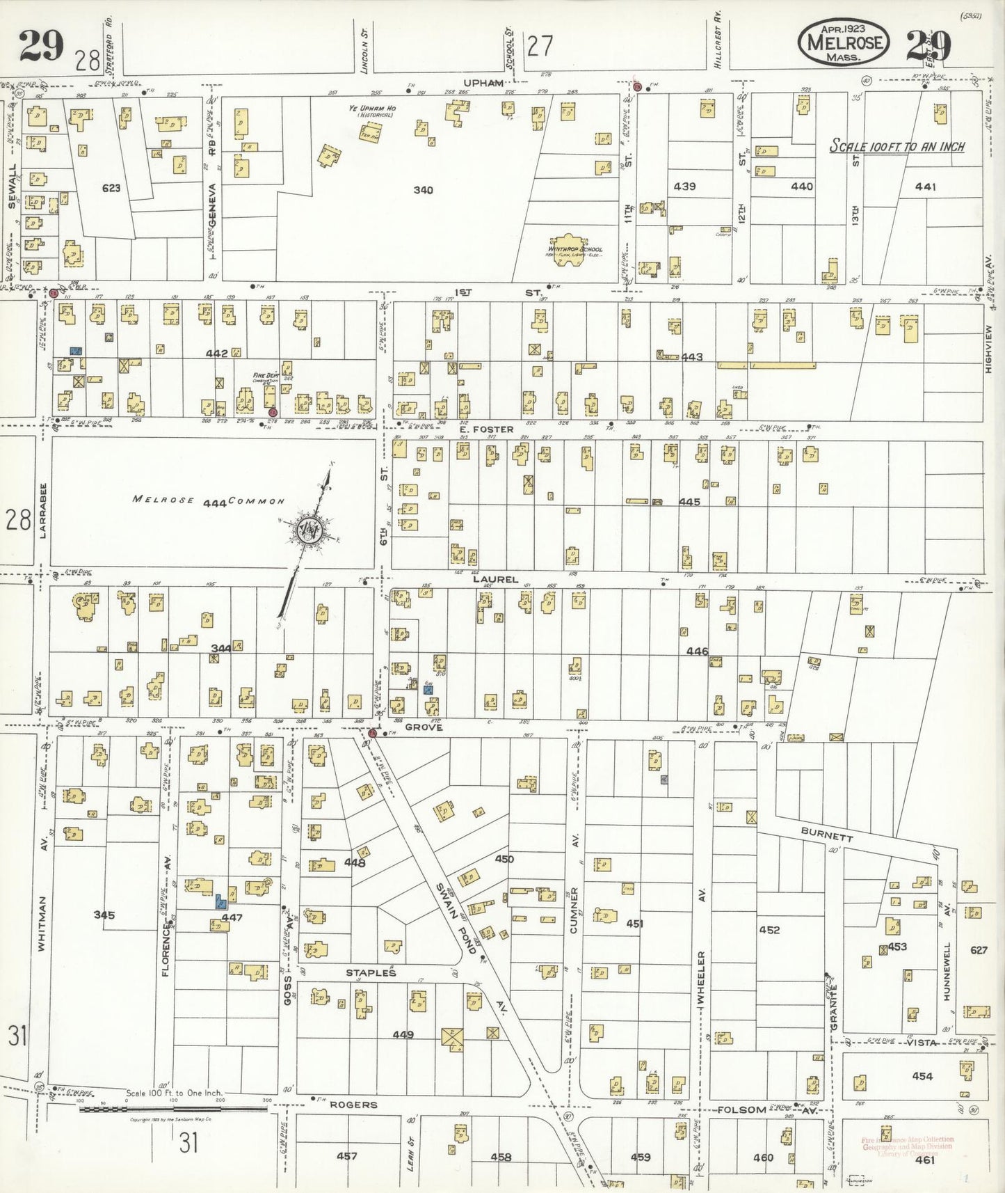 Sanborn Fire Insurance Map from Melrose, Middlesex County, Massachusetts (1923), Sheet #0029 - Historic Sanborn Fire Insurance Map Print, vintage old map wall art, antique decor, genealogy gift, Massachusetts Massachusetts map
