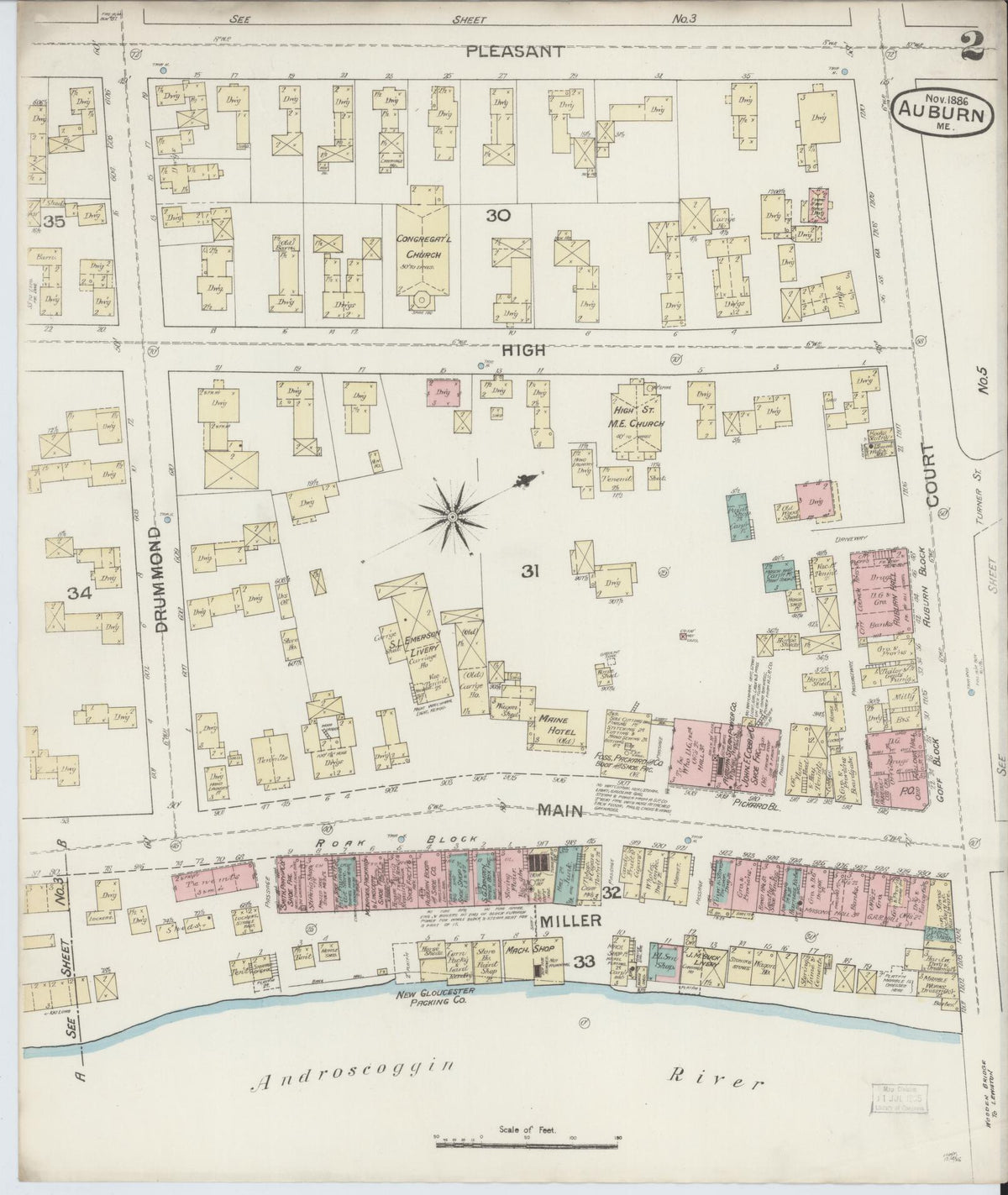 Sanborn Fire Insurance Map from Auburn, Androscoggin County, Maine (1886), Sheet #0002 - Historic Sanborn Fire Insurance Map Print, vintage old map wall art, antique decor, genealogy gift, Maine Maine map