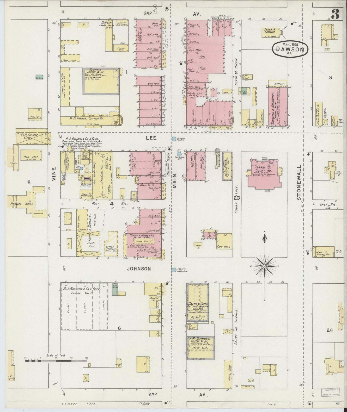 Sanborn Fire Insurance Map from Dawson, Terrell County, Georgia (1895), Sheet #0003 - Complete Map Set gallery image, historic Sanborn map, vintage wall art, Georgia Georgia