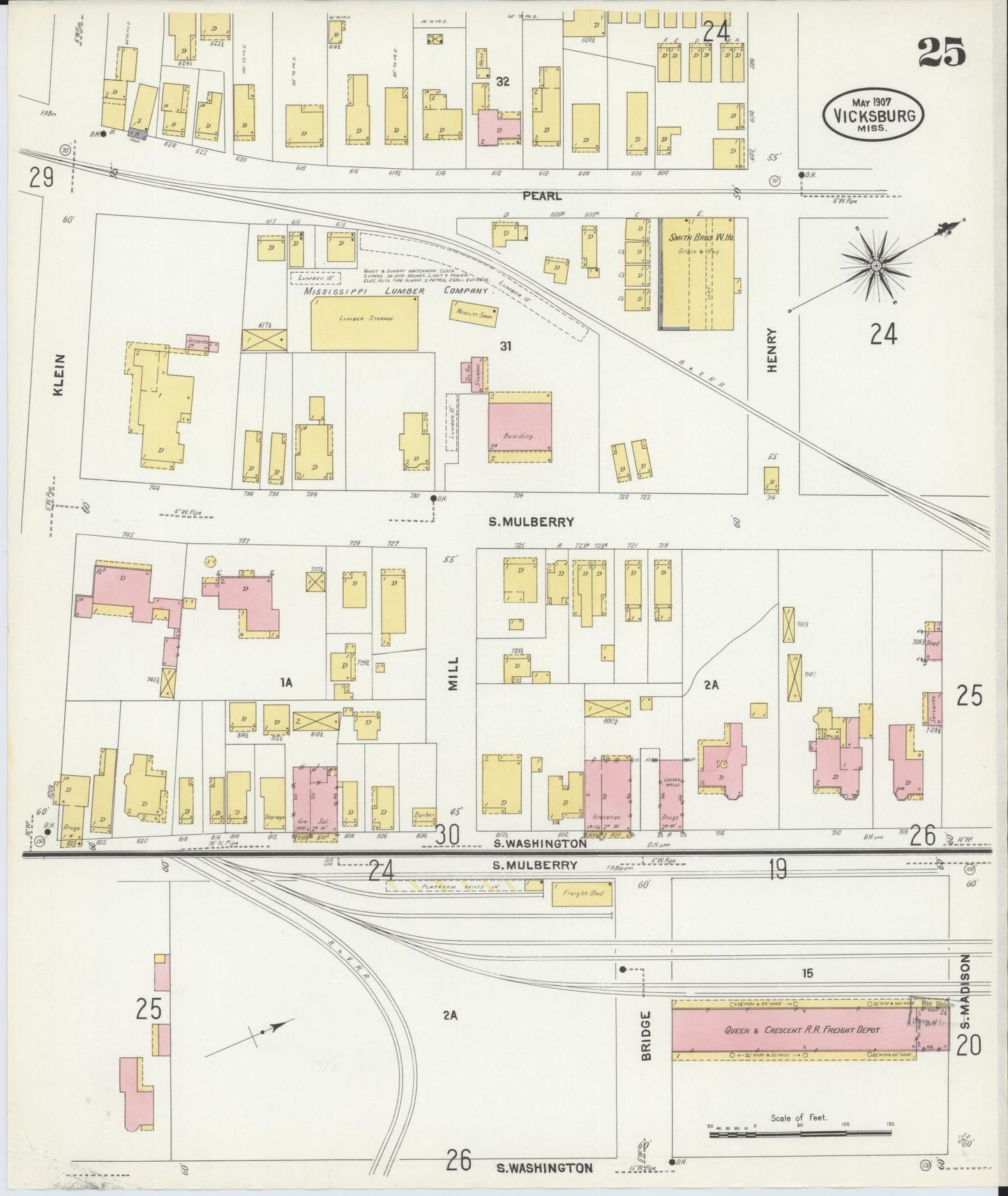 Sanborn Fire Insurance Map from Vicksburg, Warren County, Mississippi (1907), Sheet #0025 - Historic Sanborn Fire Insurance Map Print, vintage old map wall art, antique decor, genealogy gift, Mississippi Mississippi map