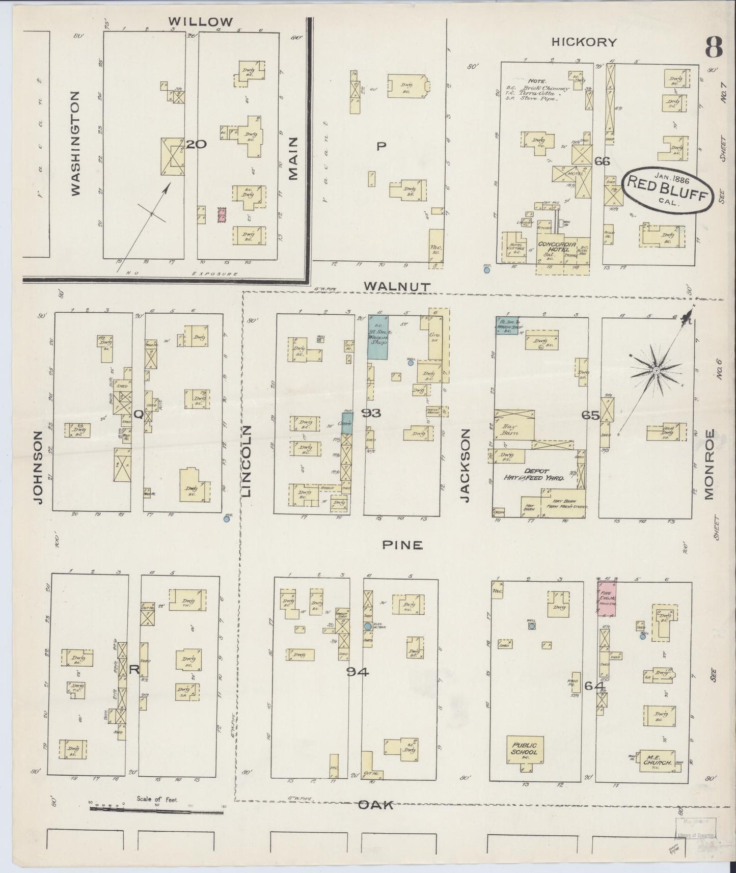 Sanborn Fire Insurance Map from Red Bluff, Tehama County, California (1886), Sheet #0008 - Complete Map Set gallery image, historic Sanborn map, vintage wall art, California California