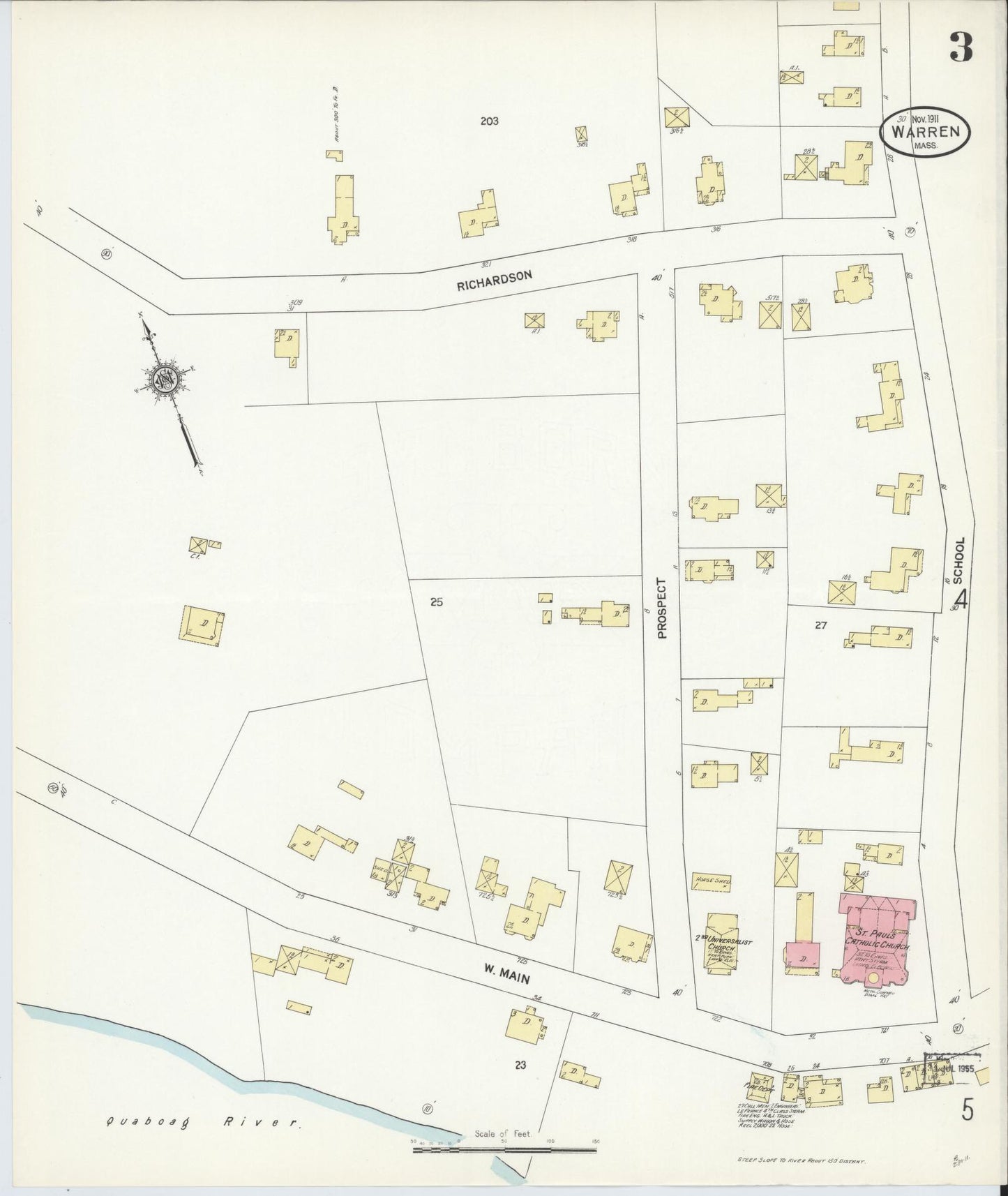 Sanborn Fire Insurance Map from Warren, Worcester County, Massachusetts (1911), Sheet #0003 - Historic Sanborn Fire Insurance Map Print, vintage old map wall art, antique decor, genealogy gift, Massachusetts Massachusetts map