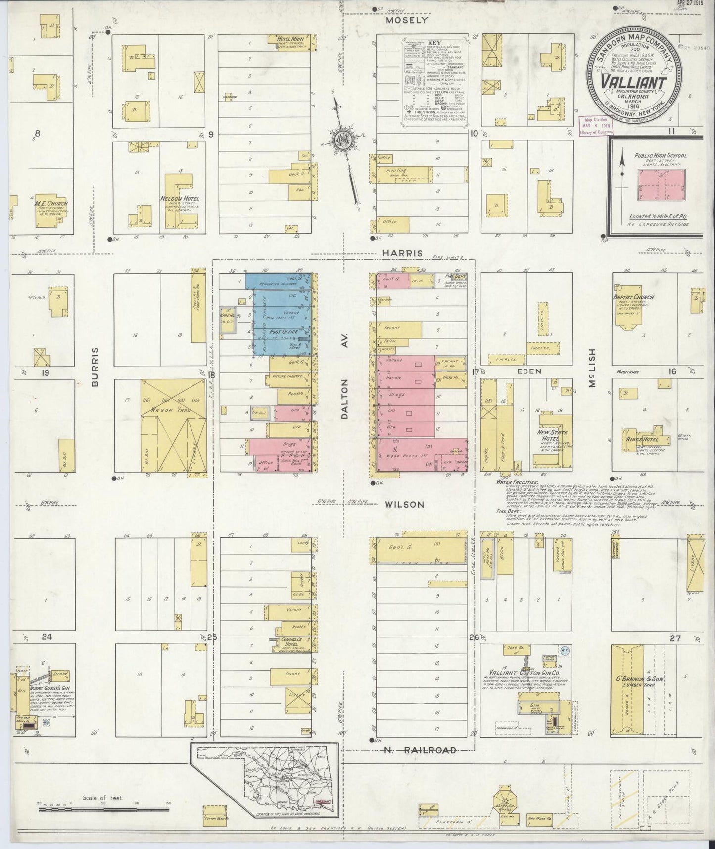 Sanborn Fire Insurance Map from Valliant, McCurtain County, Oklahoma (1916), Sheet #0001 - Historic Sanborn Fire Insurance Map Print, vintage old map wall art, antique decor, genealogy gift, Oklahoma Oklahoma map