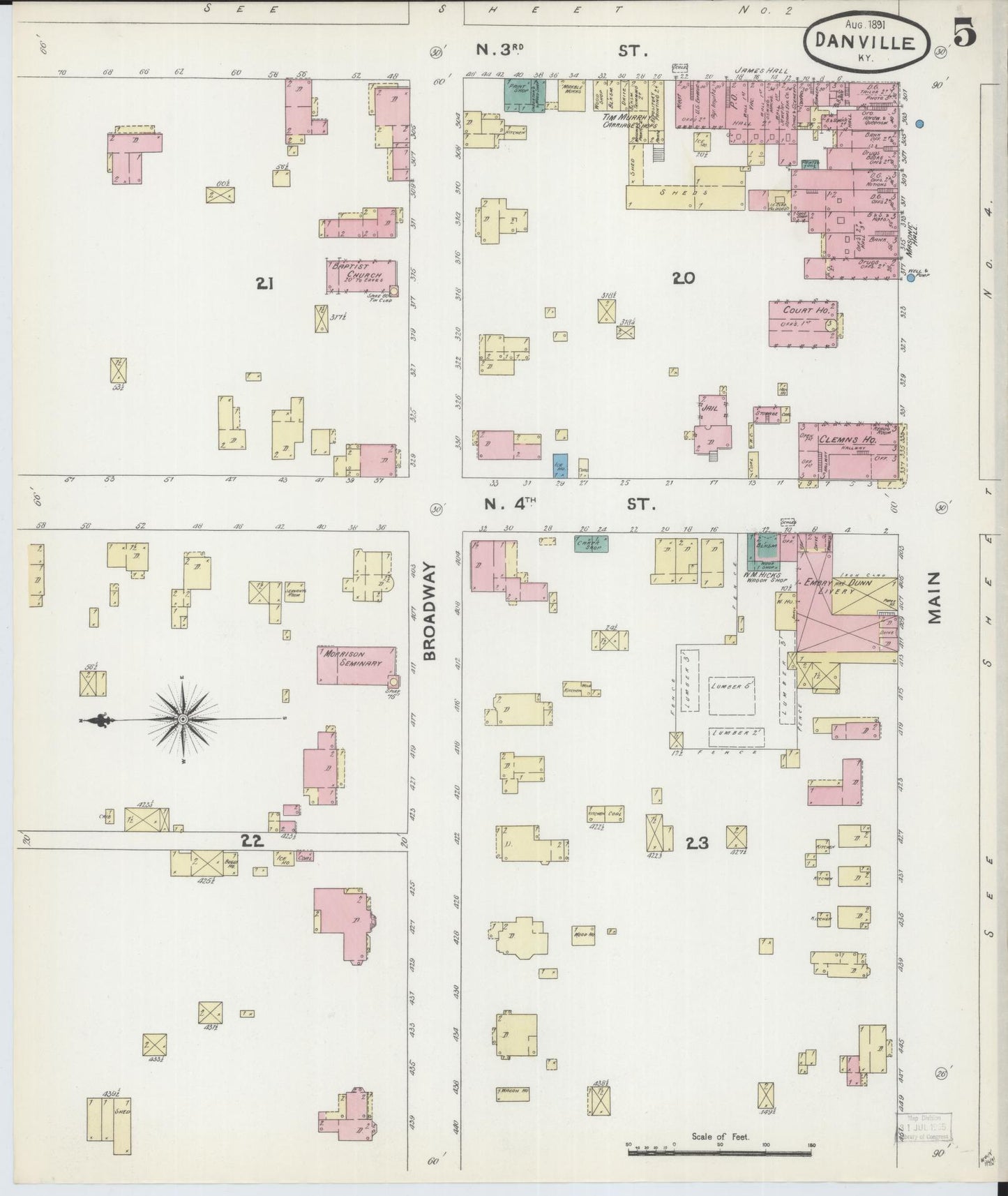 Sanborn Fire Insurance Map from Danville, Boyle County, Kentucky (1891), Sheet #0005 - Historic Sanborn Fire Insurance Map Print, vintage old map wall art, antique decor, genealogy gift, Kentucky Kentucky map