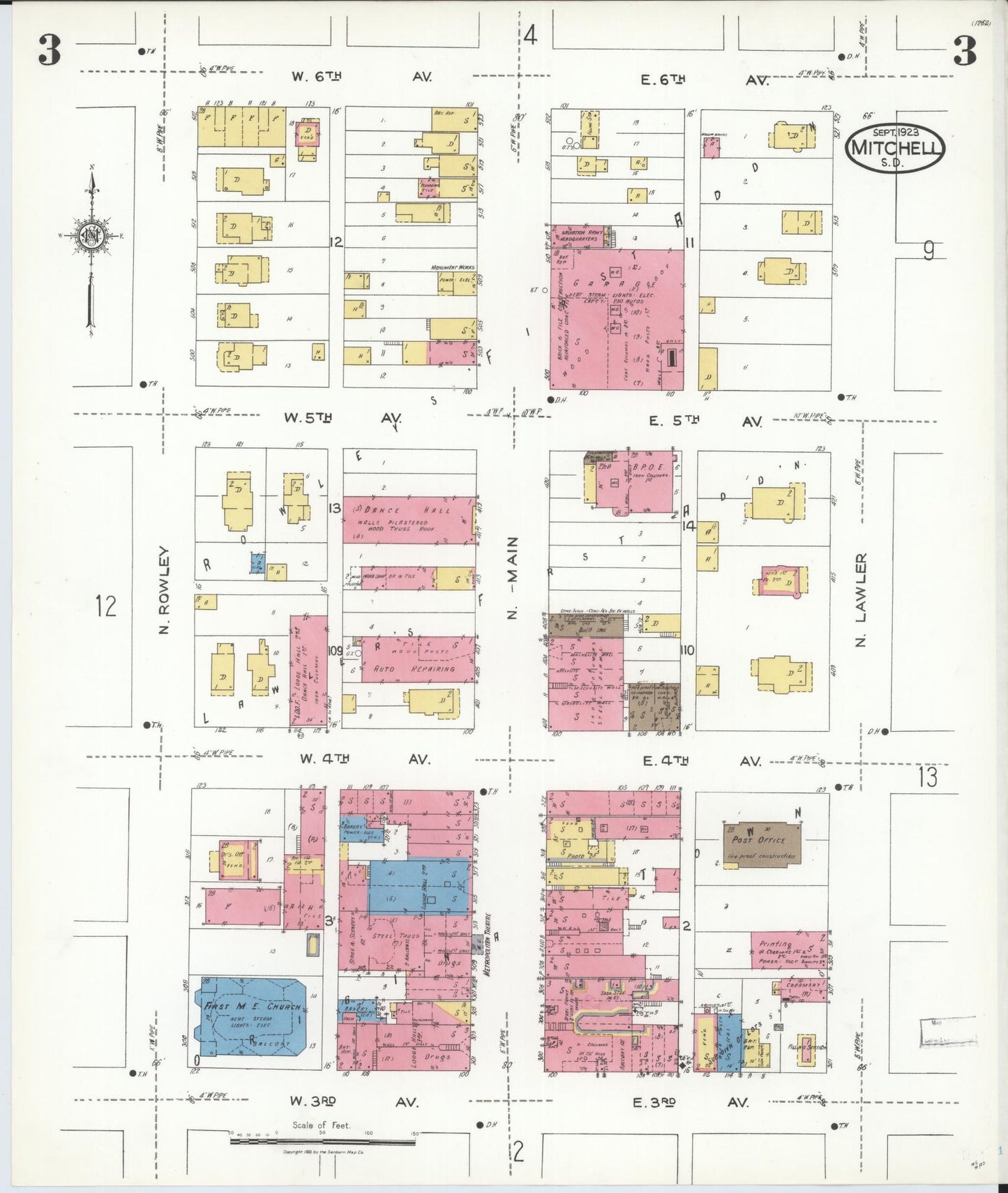 Sanborn Fire Insurance Map from Mitchell, Davison County, South Dakota (1923), Sheet #0003 - Historic Sanborn Fire Insurance Map Print, vintage old map wall art, antique decor, genealogy gift, South Dakota South Dakota map