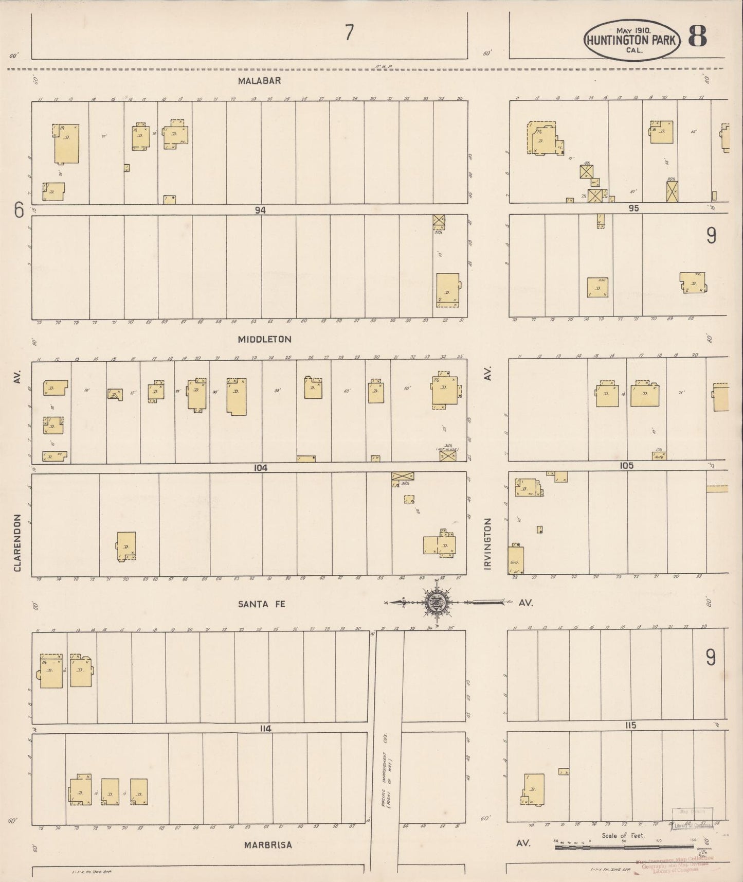 Sanborn Fire Insurance Map from Huntington Park, Los Angeles County, California (1910), Sheet #0008 - Historic Sanborn Fire Insurance Map Print, vintage old map wall art, antique decor, genealogy gift, California California map