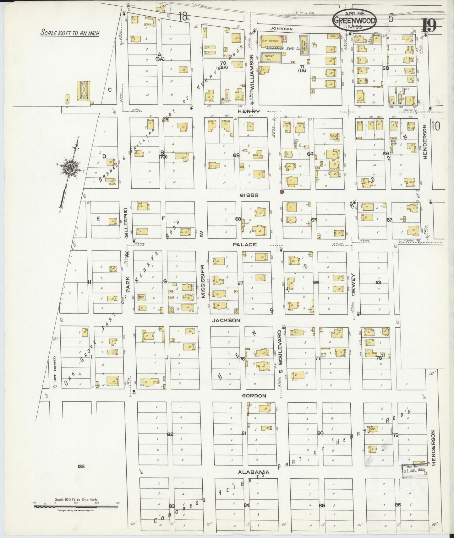 Sanborn Fire Insurance Map from Greenwood, Leflore County, Mississippi (1918), Sheet #0019 - Historic Sanborn Fire Insurance Map Print, vintage old map wall art, antique decor, genealogy gift, Mississippi Mississippi map