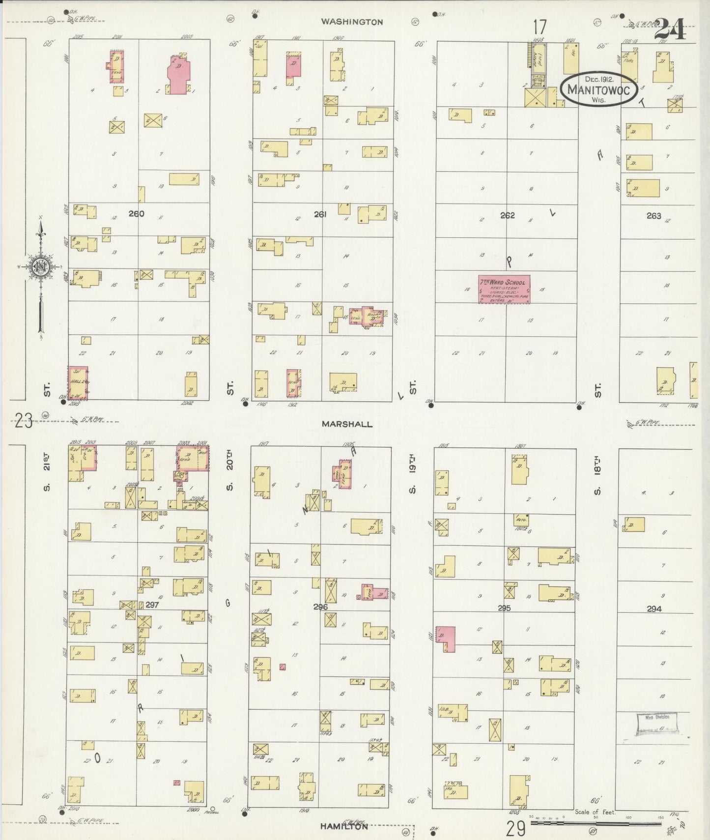 Sanborn Fire Insurance Map from Manitowoc, Manitowoc County, Wisconsin (1912), Sheet #0024 - Historic Sanborn Fire Insurance Map Print, vintage old map wall art, antique decor, genealogy gift, Wisconsin Wisconsin map
