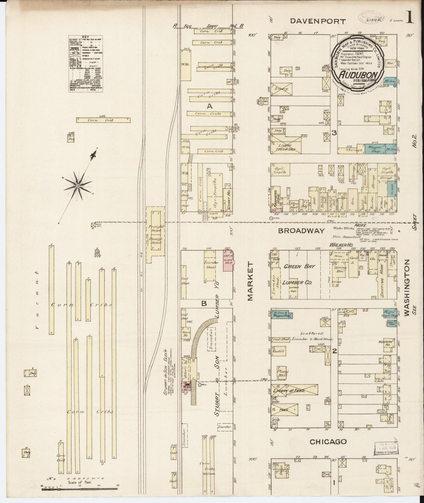 Sanborn Fire Insurance Map from Audubon, Audubon County, Iowa (1886), Sheet #0001 - Historic Sanborn Fire Insurance Map Print, vintage old map wall art
