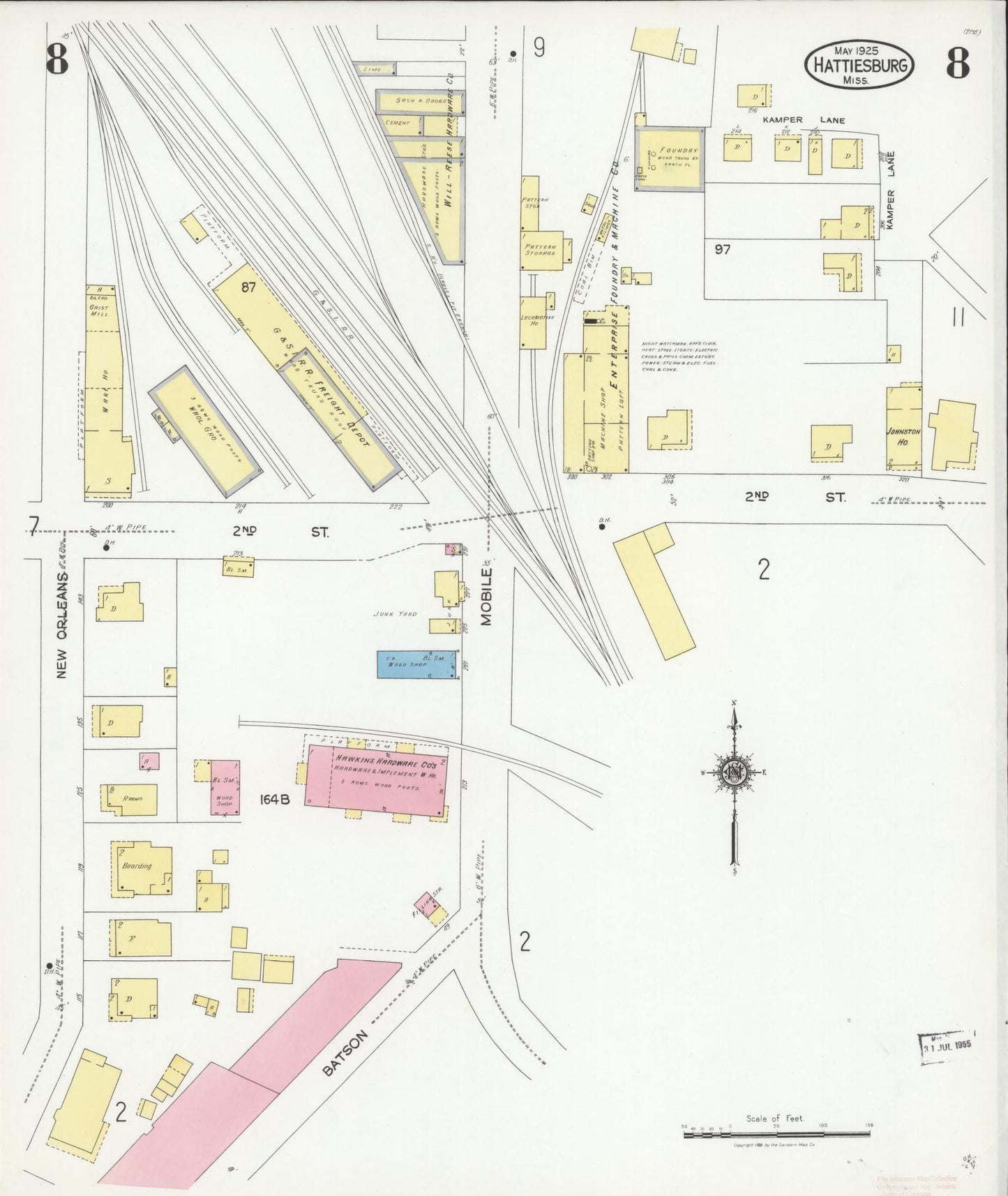 Sanborn Fire Insurance Map from Hattiesburg, Forrest County, Mississippi (1925), Sheet #0008 - Historic Sanborn Fire Insurance Map Print, vintage old map wall art, antique decor, genealogy gift, Mississippi Mississippi map