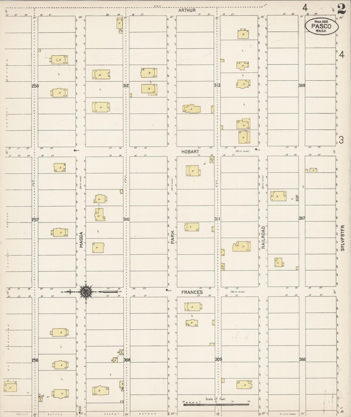 Sanborn Fire Insurance Map from Pasco, Franklin County, Washington (1912), Sheet #0002 - Historic Sanborn Fire Insurance Map Print, vintage old map wall art, antique decor, genealogy gift, Washington Washington map