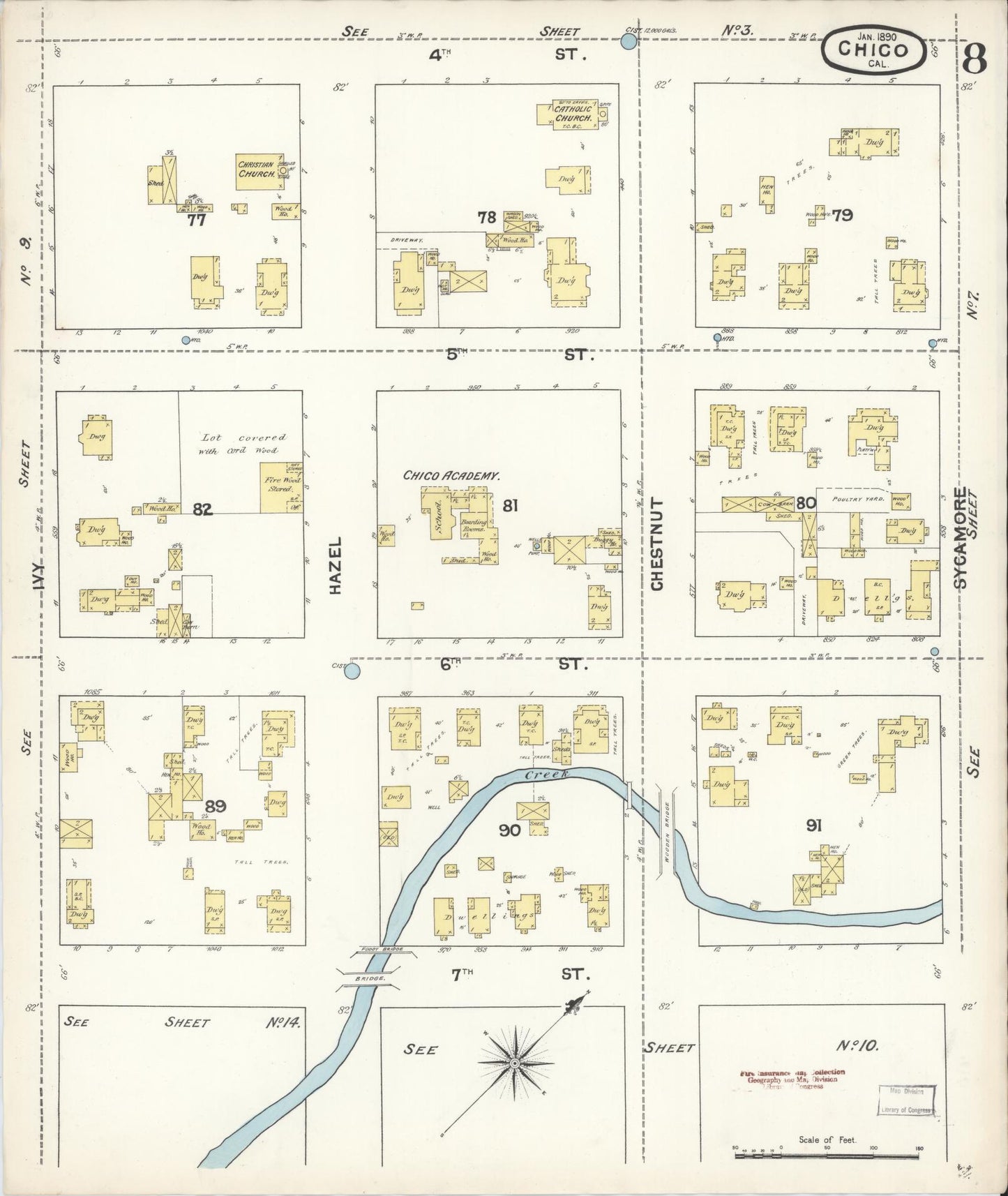 Sanborn Fire Insurance Map from Chico, Butte County, California (1890), Sheet #0008 - Historic Sanborn Fire Insurance Map Print, vintage old map wall art, antique decor, genealogy gift, California California map