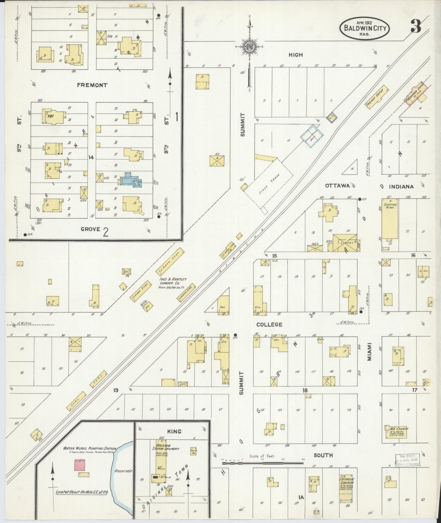 Sanborn Fire Insurance Map from Baldwin City, Douglas County, Kansas (1912), Sheet #0003 - Historic Sanborn Fire Insurance Map Print, vintage old map wall art, antique decor, genealogy gift, Kansas Kansas map
