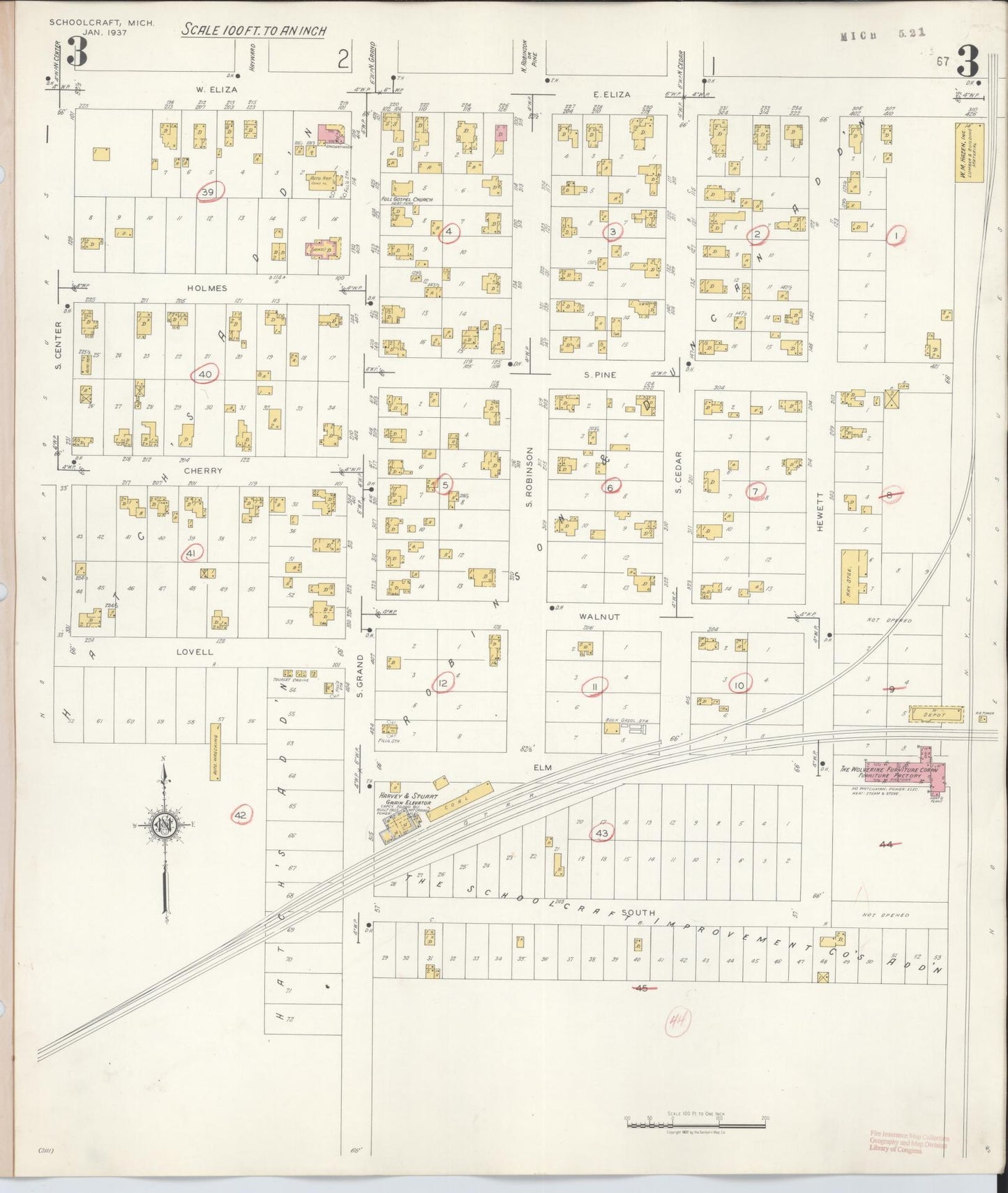 Sanborn Fire Insurance Map from Schoolcraft, Kalamazoo County, Michigan (1937), Sheet #0003 - Complete Map Set gallery image, historic Sanborn map, vintage wall art, Michigan Michigan