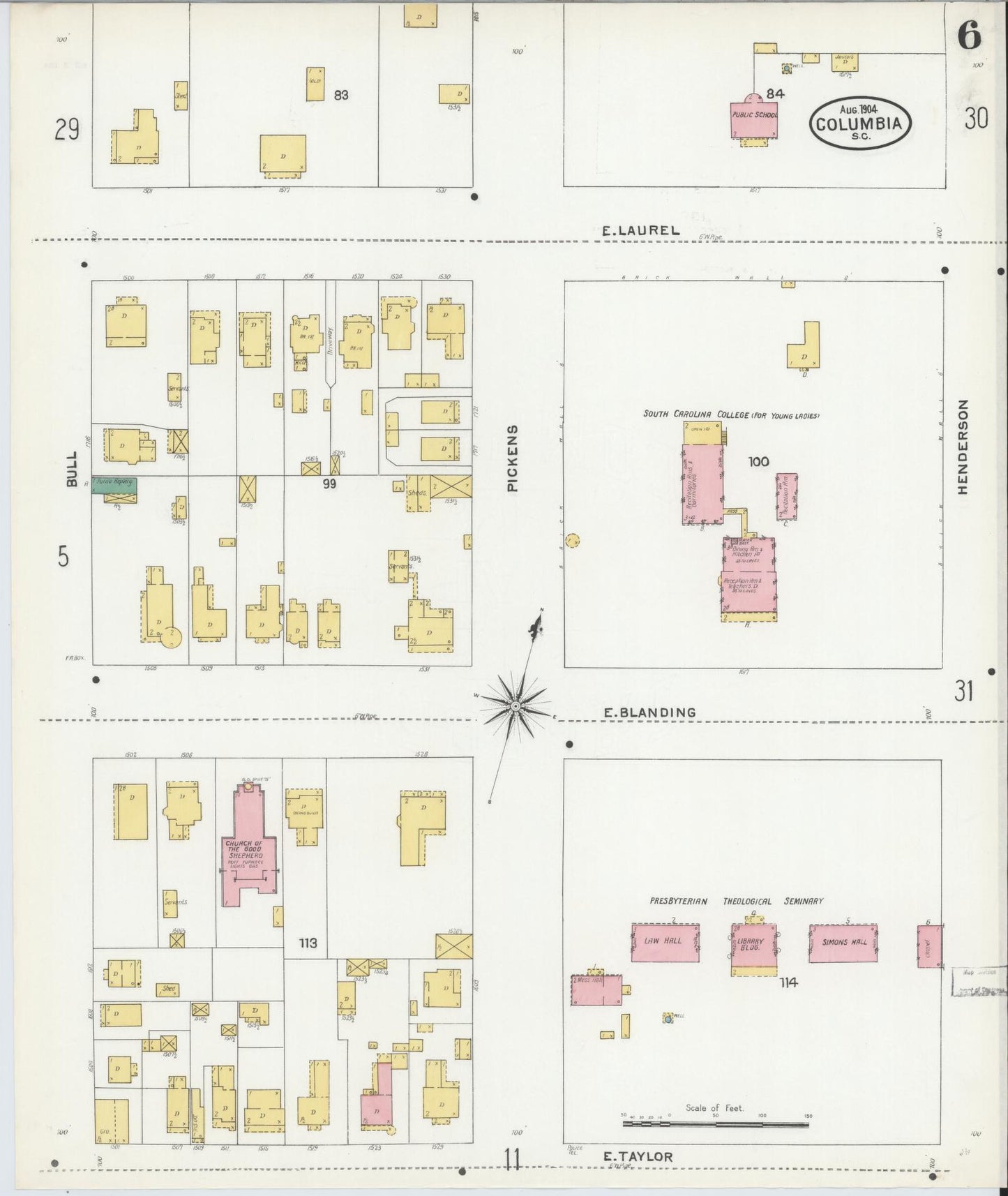 Sanborn Fire Insurance Map from Columbia, Richland County, South Carolina (1904), Sheet #0006 - Historic Sanborn Fire Insurance Map Print, vintage old map wall art, antique decor, genealogy gift, South Carolina South Carolina map
