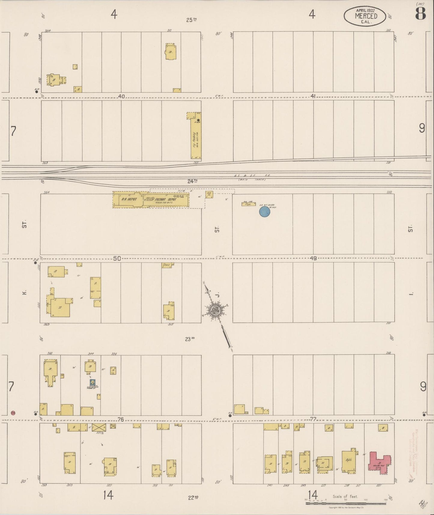 Sanborn Fire Insurance Map from Merced, Merced County, California (1922), Sheet #0008 - Historic Sanborn Fire Insurance Map Print, vintage old map wall art, antique decor, genealogy gift, California California map