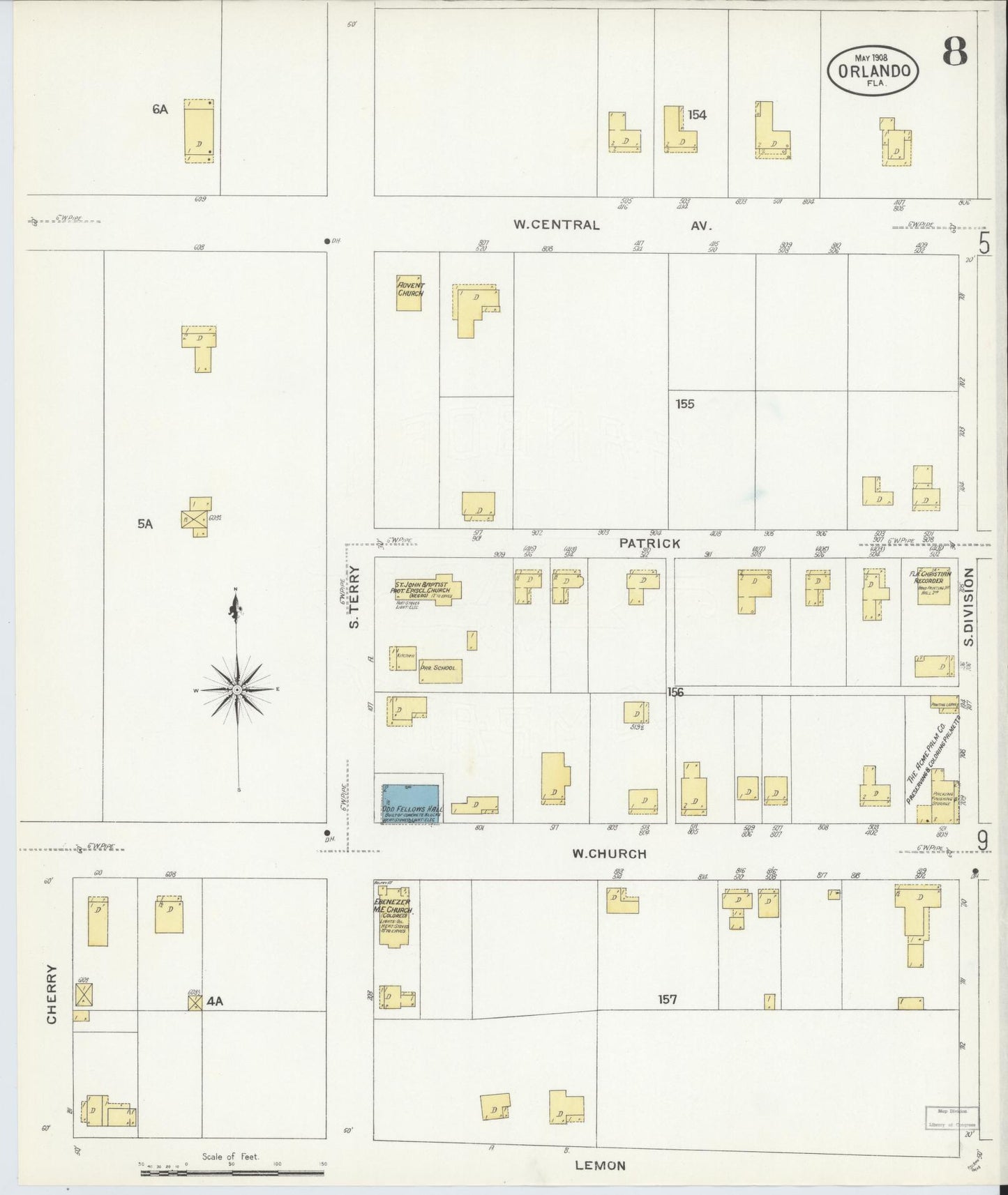 Sanborn Fire Insurance Map from Orlando, Orange County, Florida (1908), Sheet #0008 - Historic Sanborn Fire Insurance Map Print, vintage old map wall art, antique decor, genealogy gift, Florida Florida map