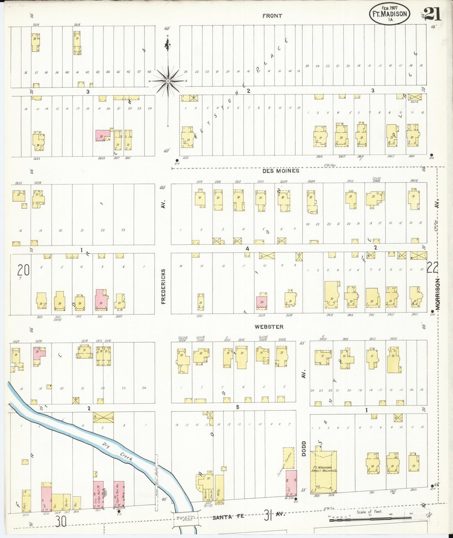 Sanborn Fire Insurance Map from Fort Madison, Lee County, Iowa (1907), Sheet #0021 - Historic Sanborn Fire Insurance Map Print, vintage old map wall art