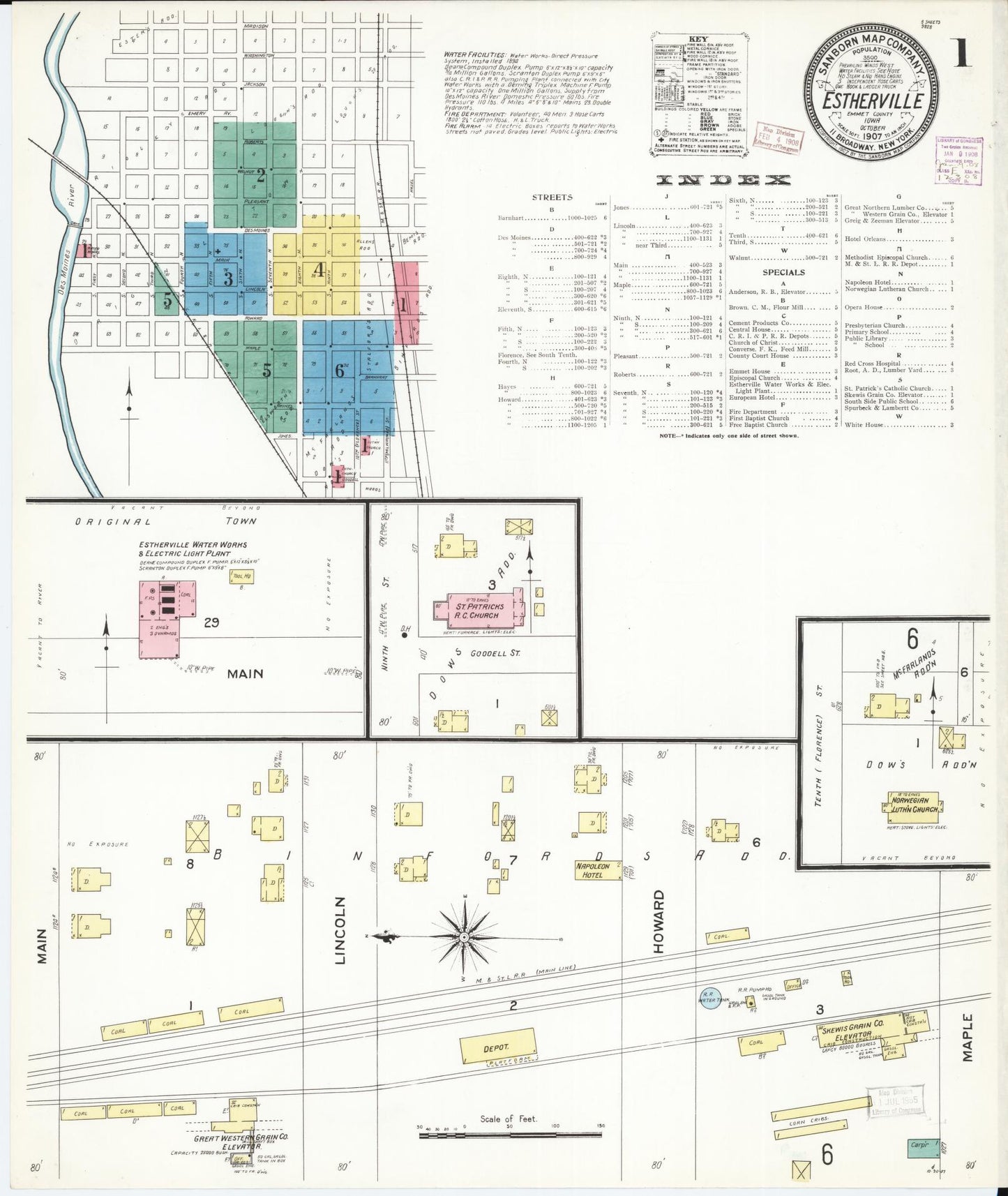 Sanborn Fire Insurance Map from Estherville, Emmet County, Iowa (1907), Sheet #0001 - Historic Sanborn Fire Insurance Map Print, vintage old map wall art