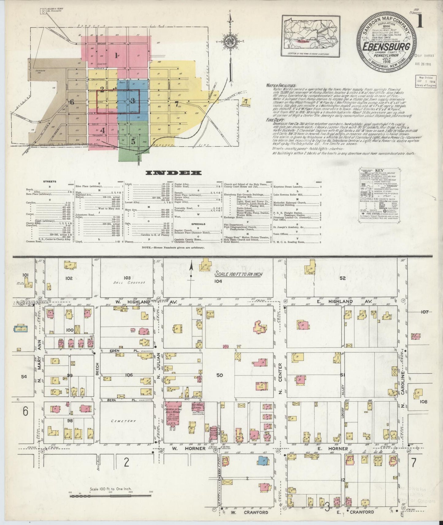 Sanborn Fire Insurance Map from Ebensburg, Cambria County, Pennsylvania (1916), Sheet #0001 - Historic Sanborn Fire Insurance Map Print, vintage old map wall art, antique decor, genealogy gift, Pennsylvania Pennsylvania map