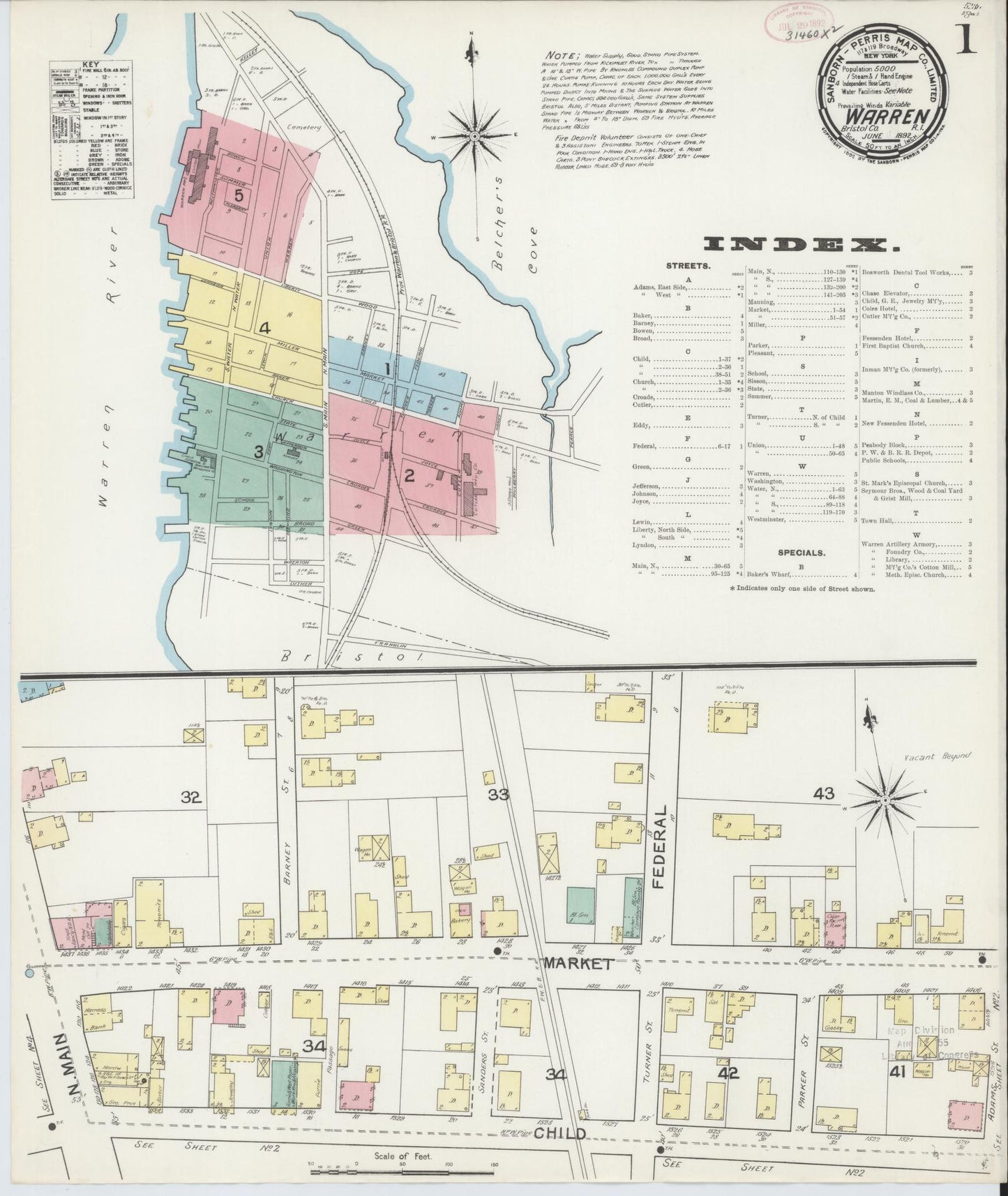 Sanborn Fire Insurance Map from Warren, Bristol County, Rhode Island. (1892) – Historic Sanborn Fire Insurance Map Print