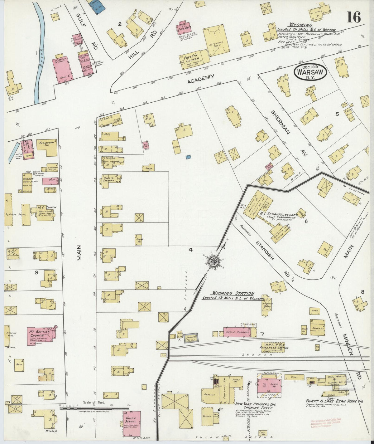 Sanborn Fire Insurance Map from Warsaw, Wyoming County, New York (1919), Sheet #0016 - Historic Sanborn Fire Insurance Map Print, vintage old map wall art, antique decor, genealogy gift, Warsaw Wyoming map