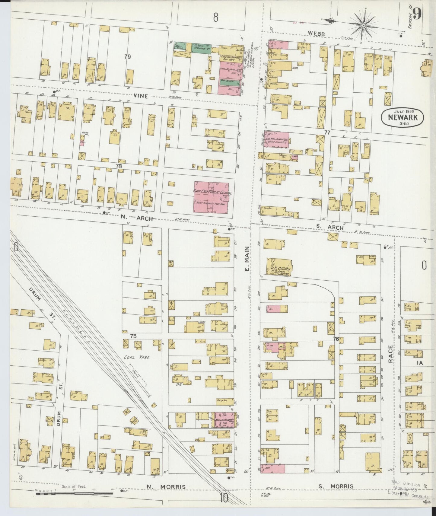 Sanborn Fire Insurance Map from Newark, Licking County, Ohio (1899), Sheet #0009 - Historic Sanborn Fire Insurance Map Print, vintage old map wall art, antique decor, genealogy gift, Ohio Ohio map