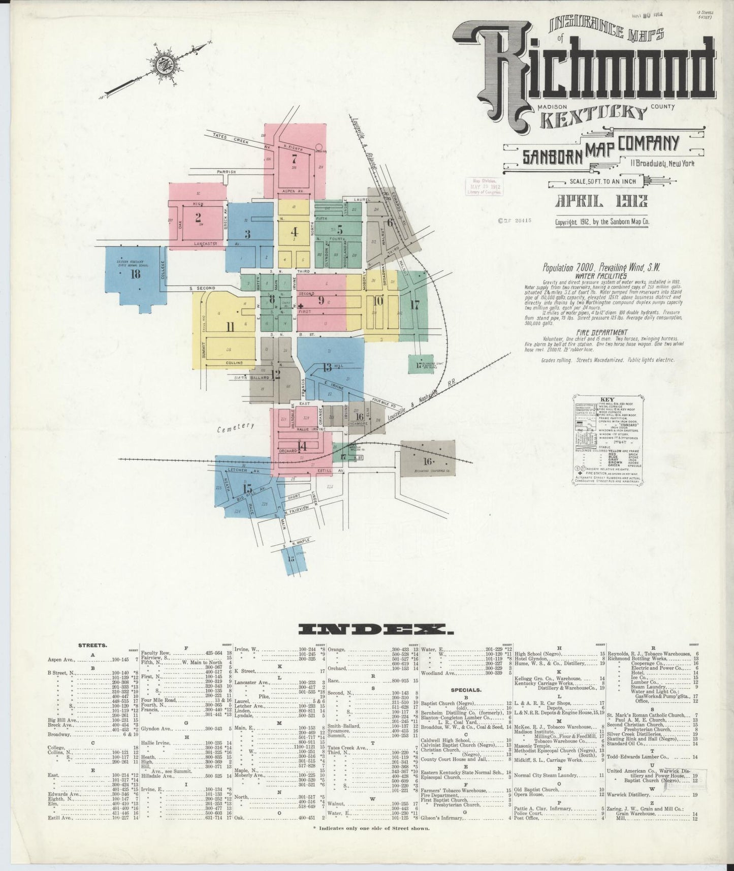 Sanborn Fire Insurance Map from Richmond, Madison County, Kentucky (1912), Sheet #0001 - Historic Sanborn Fire Insurance Map Print, vintage old map wall art, antique decor, genealogy gift, Kentucky Kentucky map